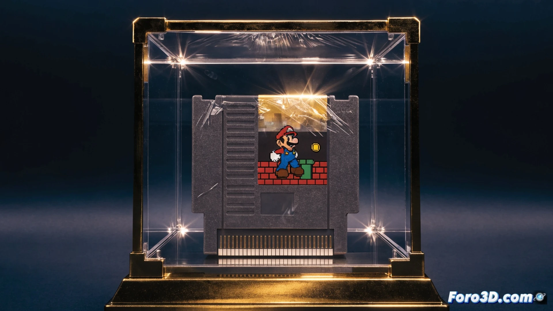 Auction podium with a sealed Super Mario Bros NES cartridge inside a transparent protective case, glowing spotlight illuminating the mint-condition gold sticker and flawless plastic seal, auction paddle numbers raised dramatically in the blurred background, a digital bid counter displaying rapid increments, photorealistic cinematic visualization, macro lens focus on the cartridge edge showing the original factory shrink wrap tension, warm nostalgic lighting contrasting with cold blue LED auction displays, dust particles floating in the spotlight beam, ultra-detailed plastic texture, high-stakes collector atmosphere