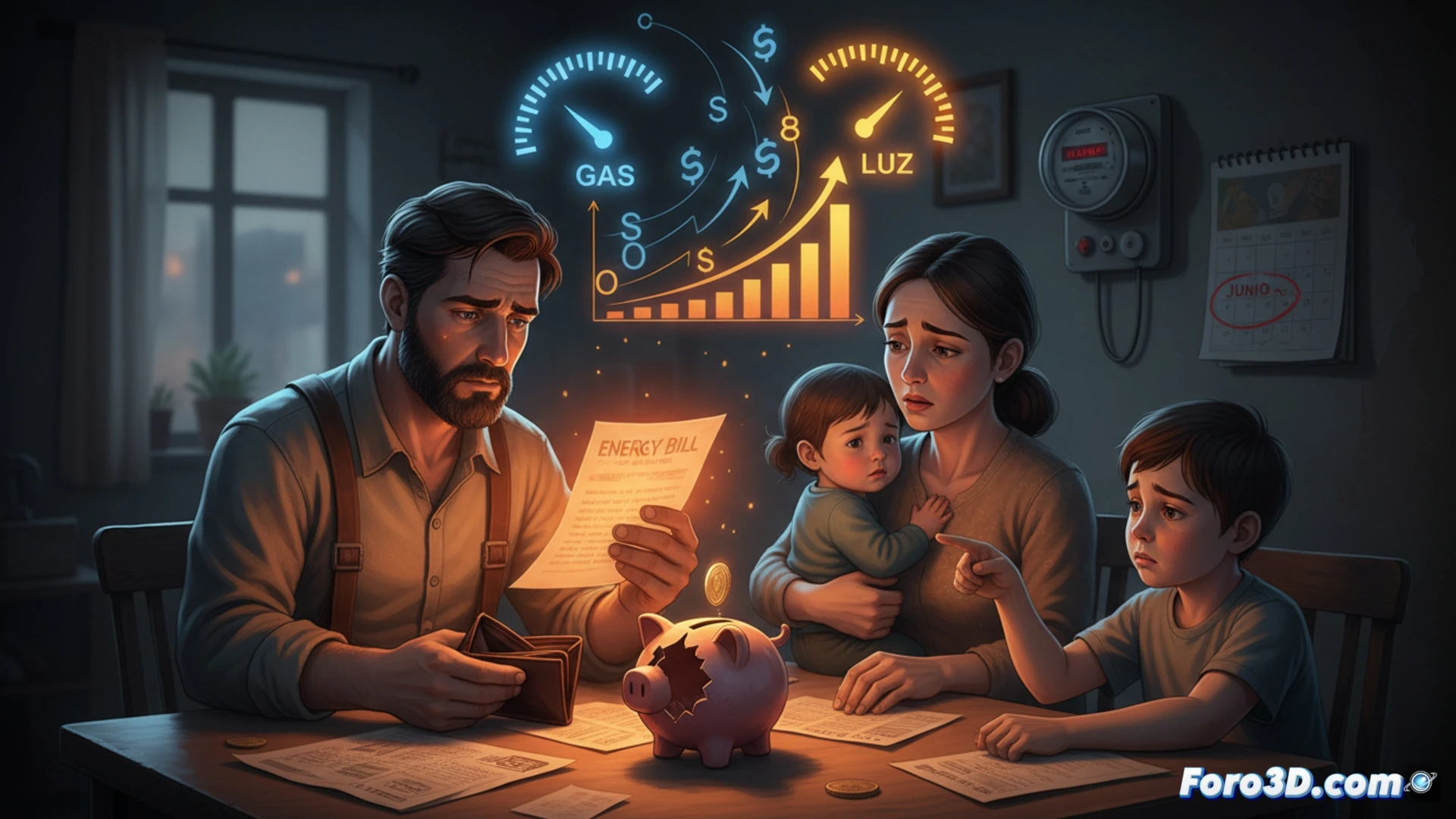close-up of a stressed parent reviewing a digital energy bill on a tablet, electricity meter display showing rising kilowatt-hour numbers, gas stove burner with blue flame flickering low, budget spreadsheet on a laptop screen with red negative figures, hands adjusting a thermostat downward, warm home interior with dimmed lights, cinematic photorealistic style, dramatic shadows, financial anxiety mood, ultra-detailed household appliances, realistic evening lighting, technical domestic scene