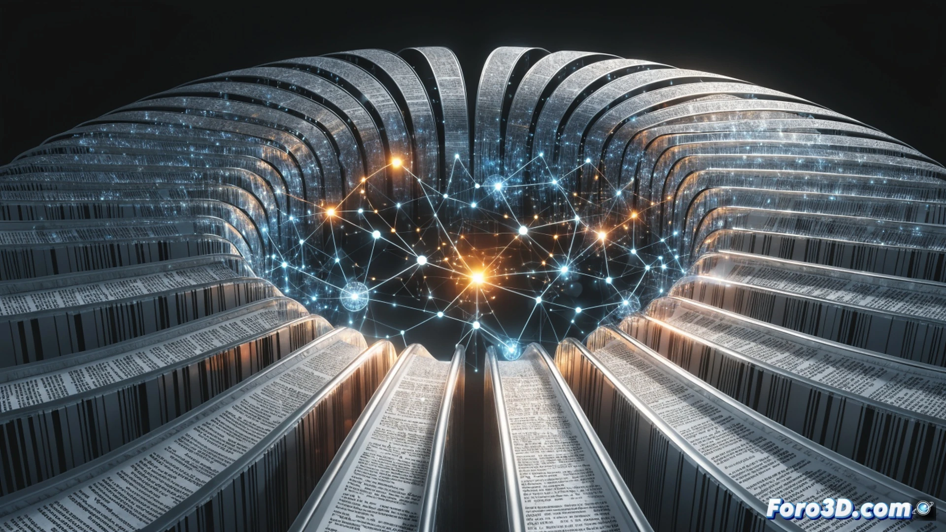 A document processing engine core, glowing orange data streams flowing through a hexagonal lattice structure, while a mechanical bottleneck symbol dissolves into thin blue threads, showing parallel processing action, a stack of legal documents being scanned by a laser array, digital text fragments converting into compressed binary patterns, technical illustration style, metallic hardware components with transparent circuit layers, high-contrast cinematic lighting, photorealistic engineering visualization, detailed microchip textures, smooth motion blur on data particles