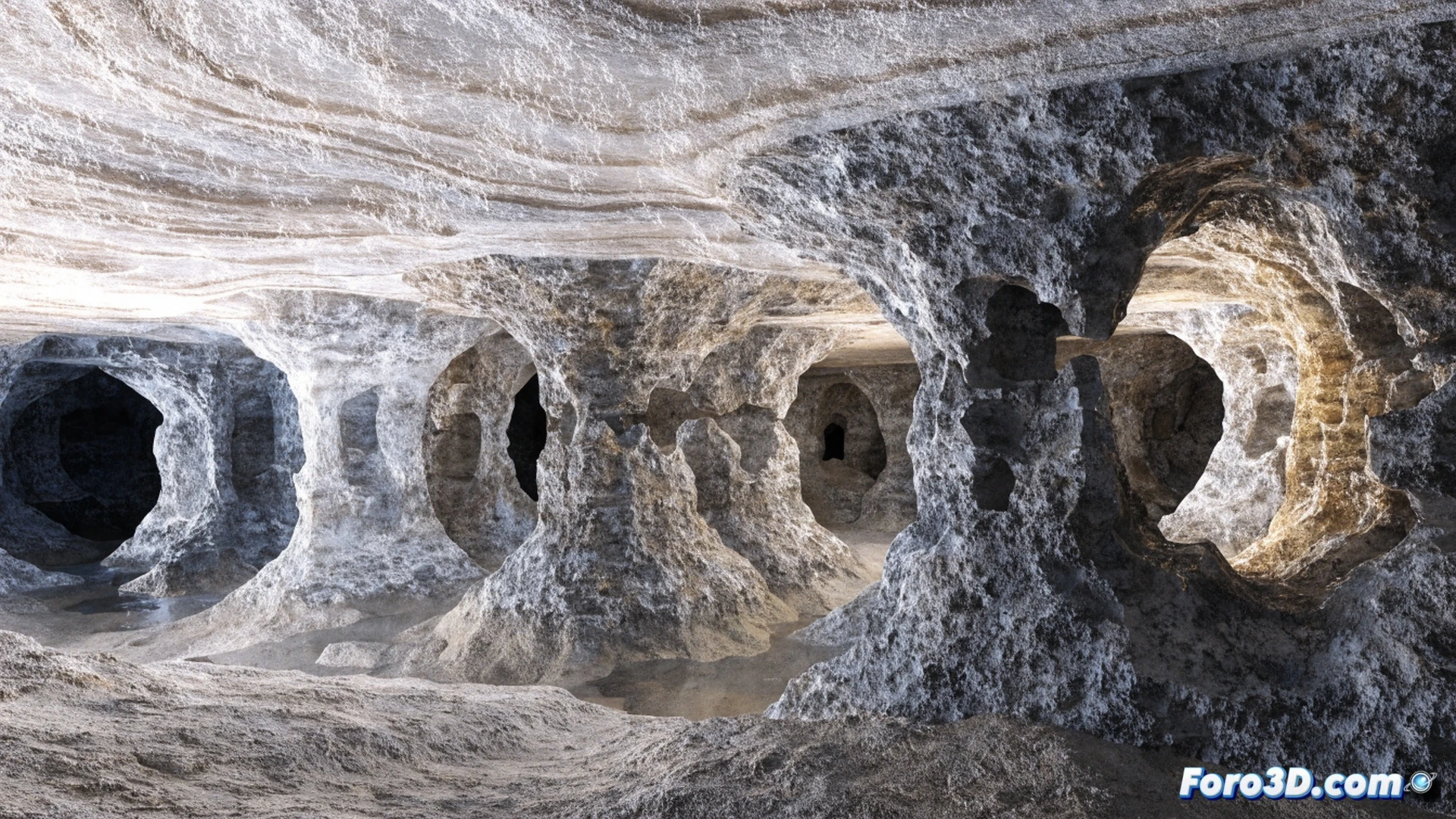 underground potash mine chamber and pillar system, cross-section view showing groundwater seeping into pillar bases, accelerated dissolution eroding pillar foundations from below, stress fractures propagating upward through the rock, subtle surface subsidence forming above the mine void, 3D engineering visualization with color-coded geological layers, blue water infiltration paths, red stress zones, gray rock strata, technical illustration style with clean geometric outlines, semi-transparent earth cutaway revealing structural failure progression, dramatic directional lighting emphasizing erosion patterns, photorealistic geological textures, cinematic depth of field