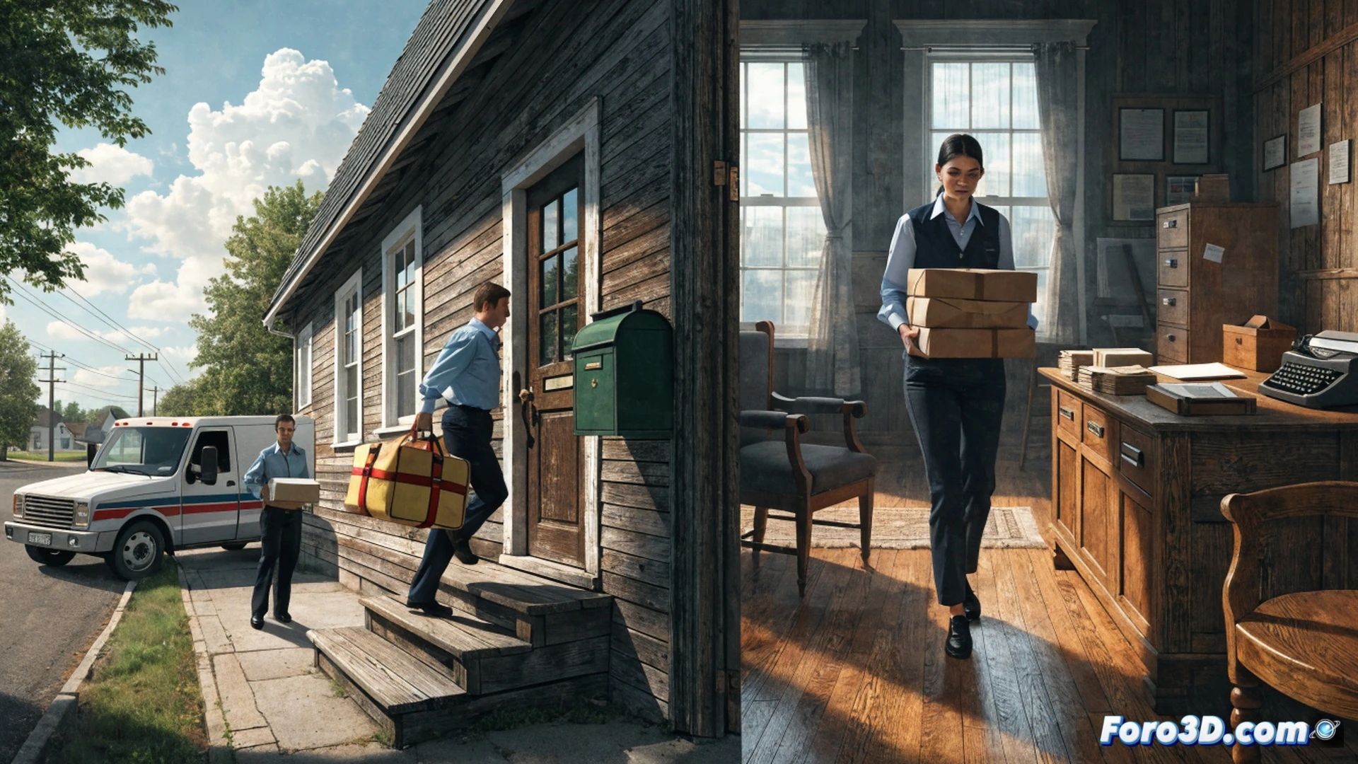 rural post office interior during peak operation, elderly woman mailing a package at wooden counter while postal worker scans barcode with handheld terminal, sorting machine processing letters in background, red postal truck visible through window delivering mailbags, rustic wooden shelves stacked with parcels, warm tungsten lighting contrasting with cool LED screen glow, cinematic photorealistic render, detailed textures on worn floorboards and metal sorting racks, depth of field focusing on transaction counter, nostalgic yet functional atmosphere