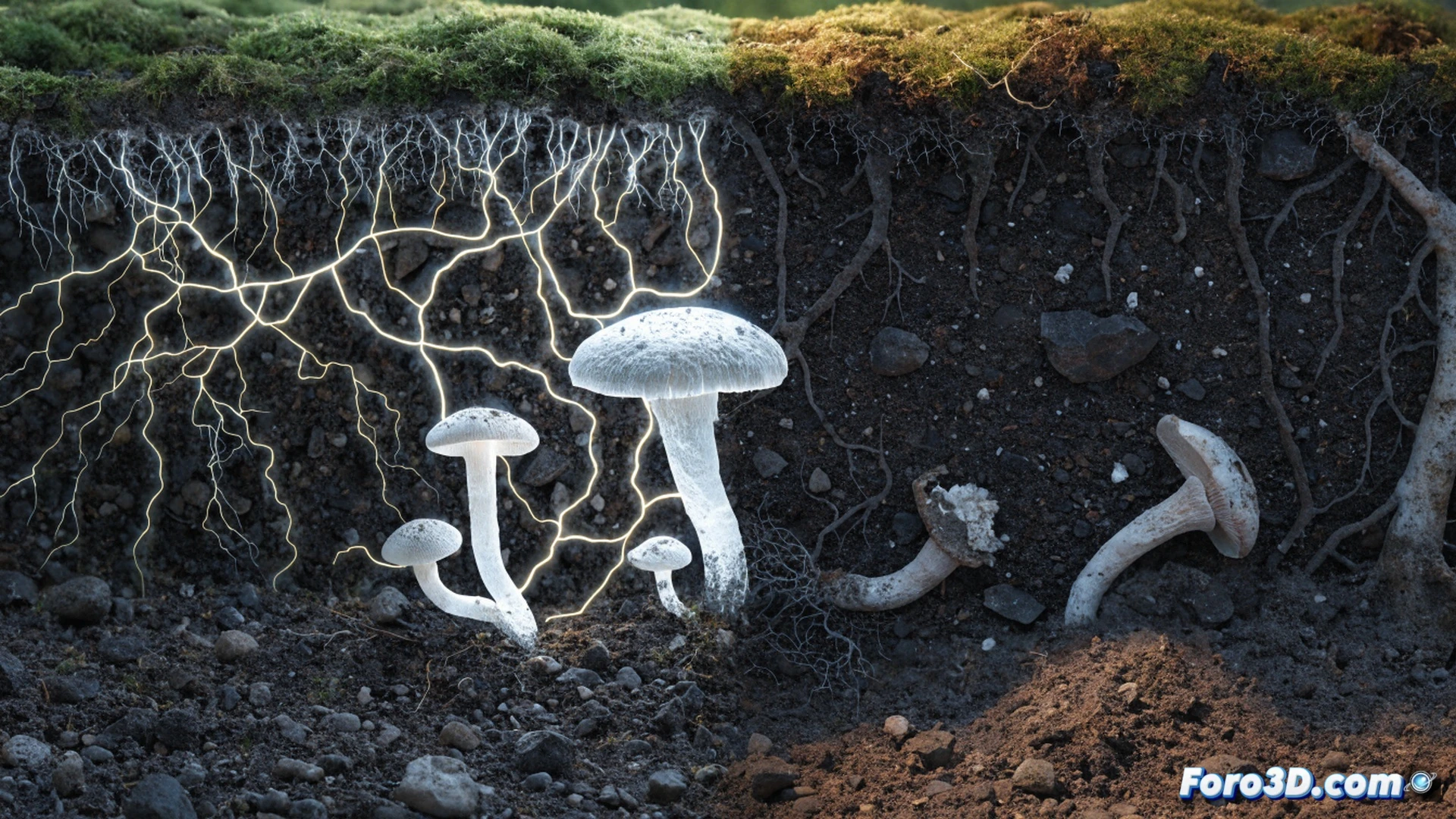 Cross-section of agricultural soil showing fungal networks being severed by a tractor plow blade, pesticide droplets raining down from a sprayer nozzle onto glowing mycelium strands while dead roots decay, contrasting vibrant fungal web on left with barren compacted dirt on right, cinematic photorealistic technical illustration, dramatic side lighting emphasizing soil texture, macro detail of hyphae breaking, glowing orange particles representing nutrient flow disruption, ultra-detailed soil layers with organic matter and minerals, environmental engineering visualization, high contrast between healthy and poisoned zones