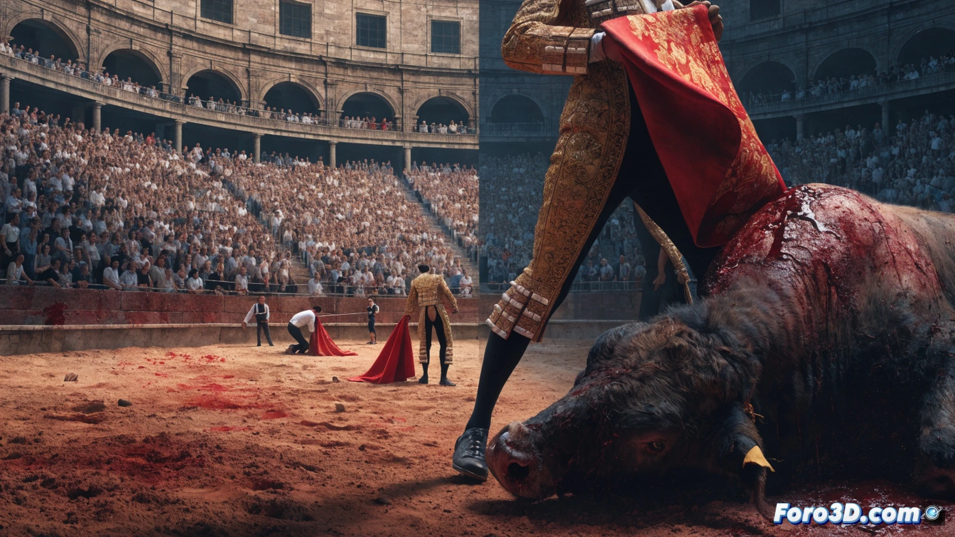 photorealistic scene of a hospital corridor with patients on stretchers lining the walls, while through a window a bullring is visible with a matador preparing to stab a bull, blood dripping onto sand, a government budget document burning in the foreground, money bills flying from the document toward the bullring, sterile white hospital lighting contrasting with warm golden arena light, clinical medical equipment like IV stands and heart monitors beside the stretchers, cinematic composition with depth of field, sharp focus on the burning document and flying euros, dramatic chiaroscuro lighting, ultra-detailed textures of medical fabrics and sand, technical visualization of public funds misallocation