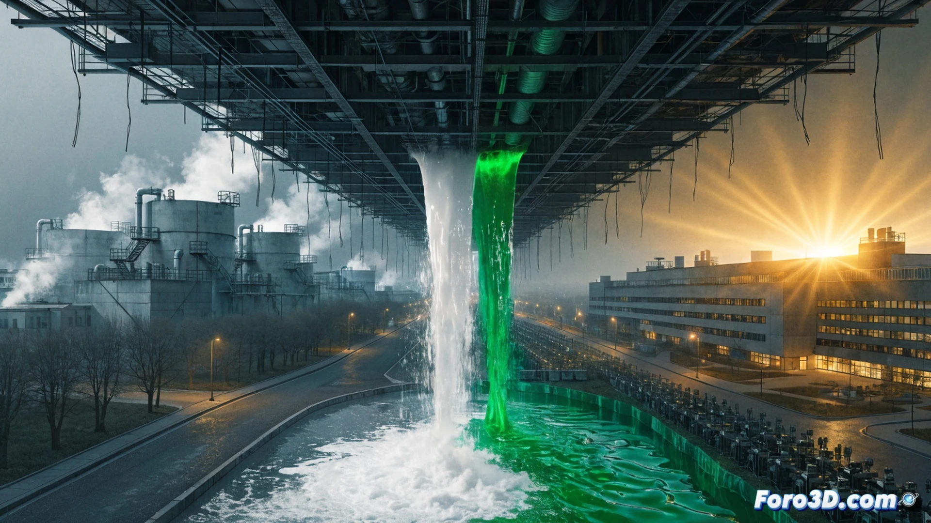 industrial smokestacks releasing thick grey smoke into air, government hand passing a glowing green subsidy coin to factory owner, while a transparent ghostly timeline shows decades of past pollution without penalty, citizens in background paying taxes with worried expressions, no clean air or bill reduction visible, photorealistic technical illustration, stark contrast between green money and grey smoke, dramatic chiaroscuro lighting, hyperdetailed textures on metal pipes and currency, cinematic wide-angle composition, economic paradox visualization
