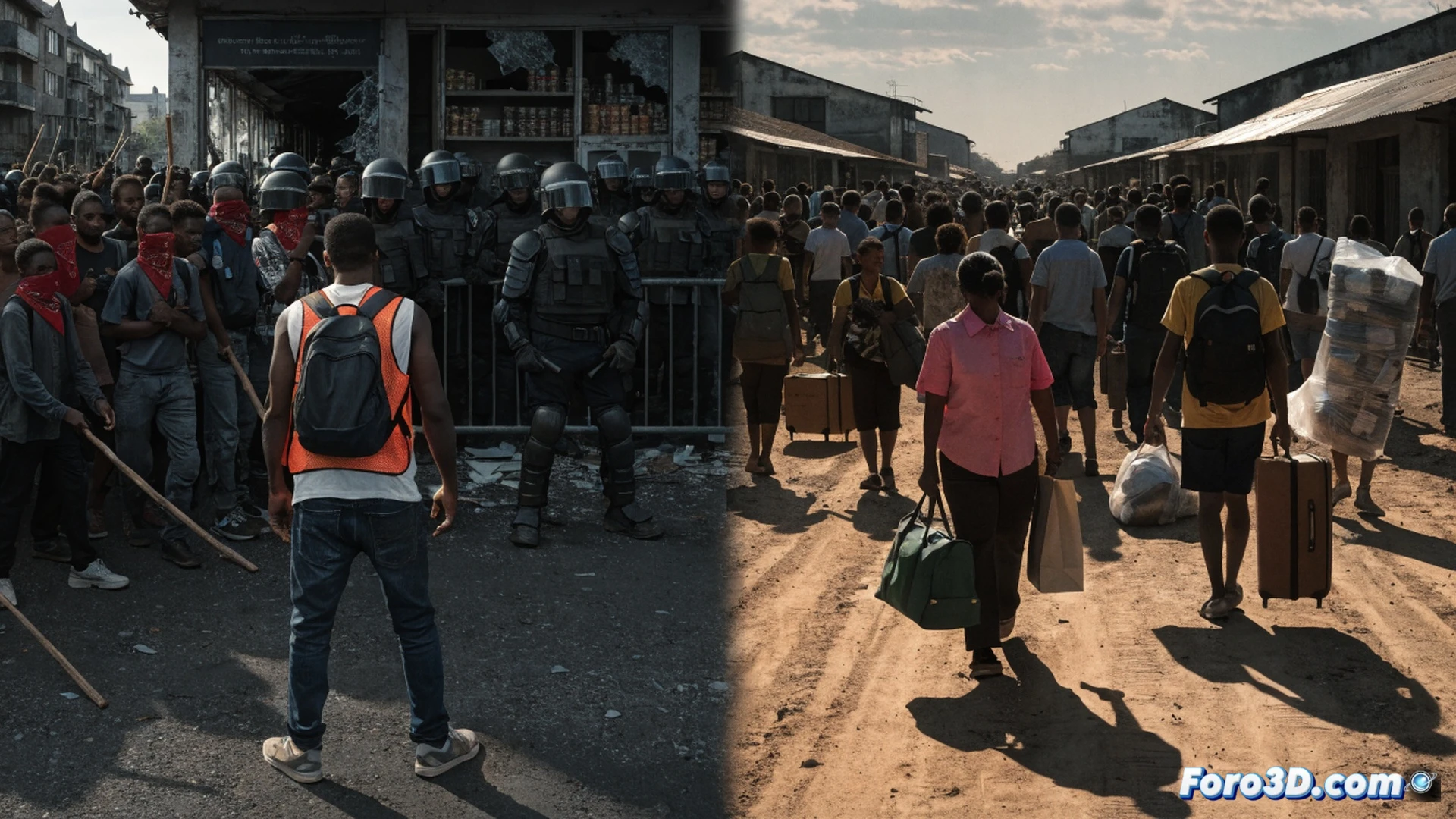 crowd of diverse African protesters at a South African township street, burning tires and wooden pallets creating thick black smoke, armed police in riot gear forming a barrier line, shattered shop windows with scattered goods on pavement, evacuees carrying plastic bags fleeing down a dusty road, cinematic photorealistic style, dramatic overcast sky, smoke haze, tension in body language, debris on ground, ultra-detailed textures of concrete, metal, and fabric, documentary-style lighting with harsh shadows, wide-angle lens capturing chaos and social unrest