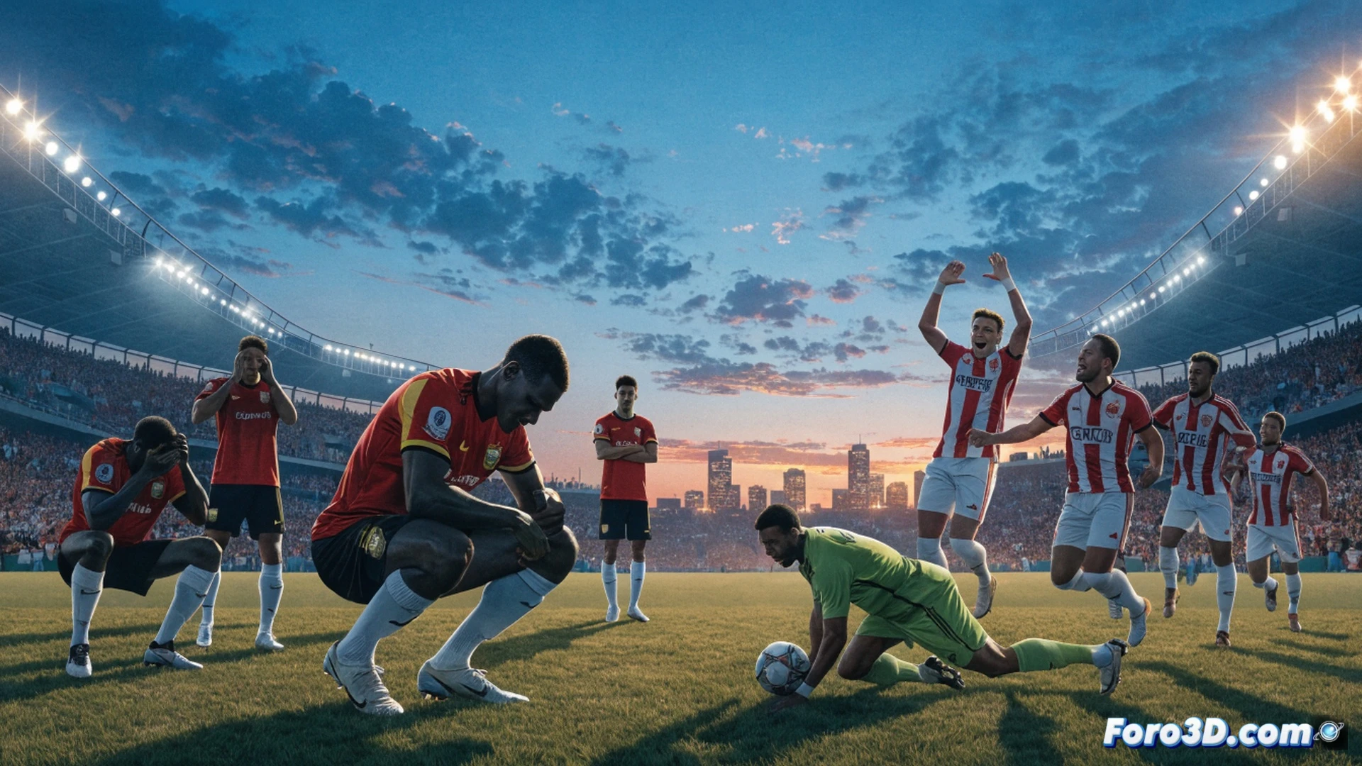 African football player exhausted on grass field after match defeat, sweat droplets visible on face and jersey, opponent celebrating in distant background, slow-motion capture of fatigue, empty stadium stands, technical illustration style with anatomical muscle strain lines, motion blur on kicking leg showing loss of power, contrast between dynamic opponent and defeated player, realistic sports photography lighting, ultra-detailed fabric texture and grass blades, photorealistic cinematic render