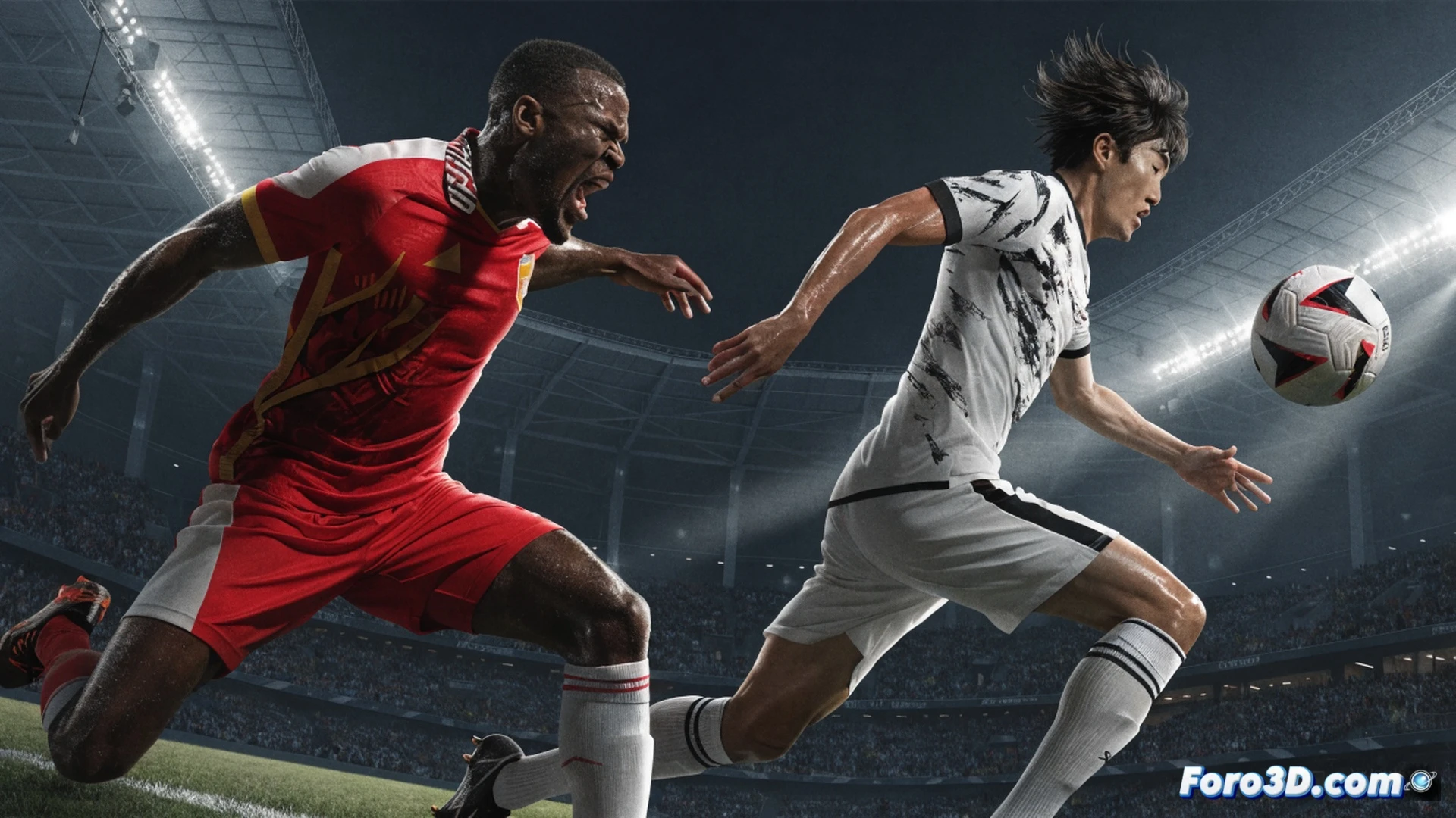 two football players in a tense mid-air duel for the ball, one wearing South Africa green jersey leaping high, the other in South Korea red jersey sliding low, stadium floodlights casting dramatic shadows on wet grass, tactical formation lines glowing faintly on the pitch, a digital scoreboard in the background showing a countdown clock, cinematic sports photography style, high contrast lighting, motion blur on the ball, sweat droplets visible, photorealistic technical render, intense facial expressions, depth of field focusing on the collision point