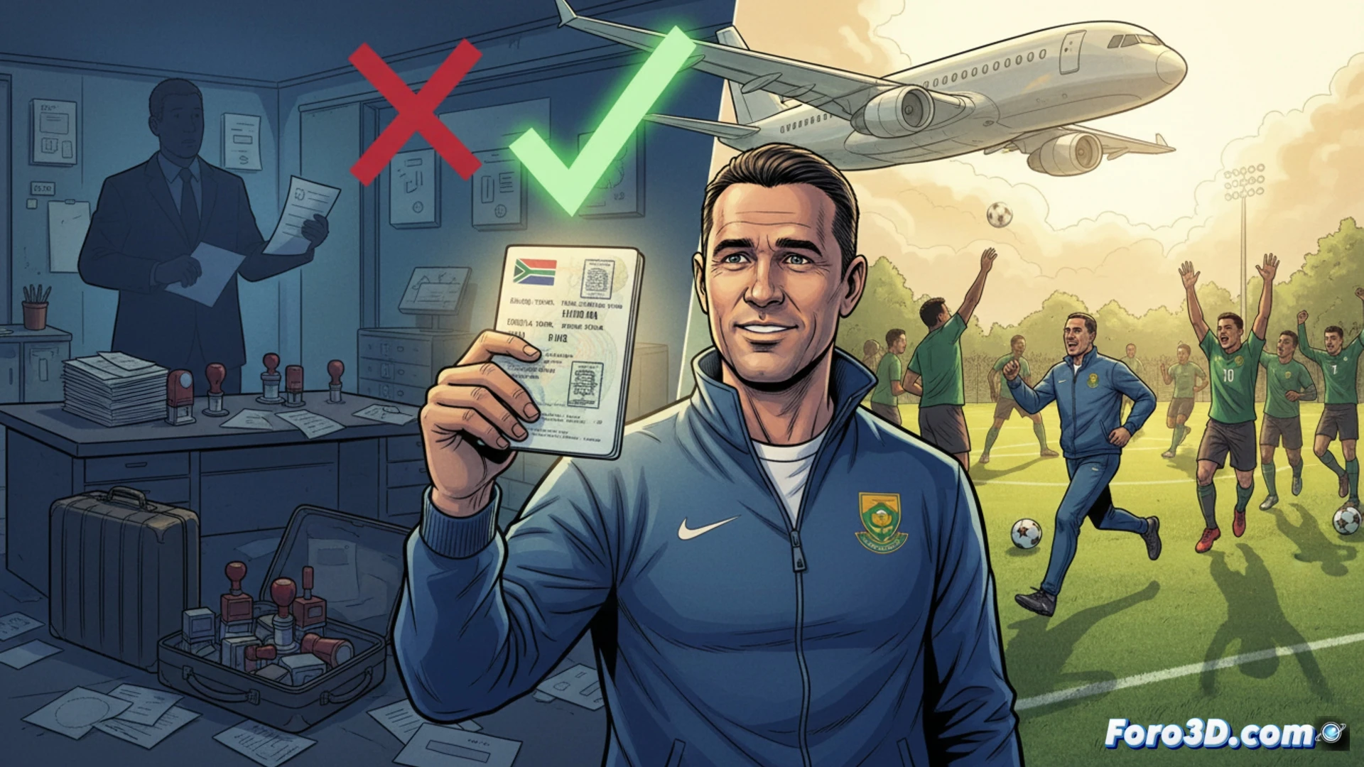airport departure lounge scene, South African football team assistant coach Helman Mkhalele holding a valid US visa document in his hand, passport and boarding pass visible on a counter, laptop showing visa approval email interface on screen, suitcase with team logo beside him, airport clock showing departure time, action of him rushing toward boarding gate, cinematic photorealistic style, dramatic airport lighting, motion blur on moving passengers, detailed fabric textures on team blazer, official visa stamp close-up, technical bureaucratic process visualization
