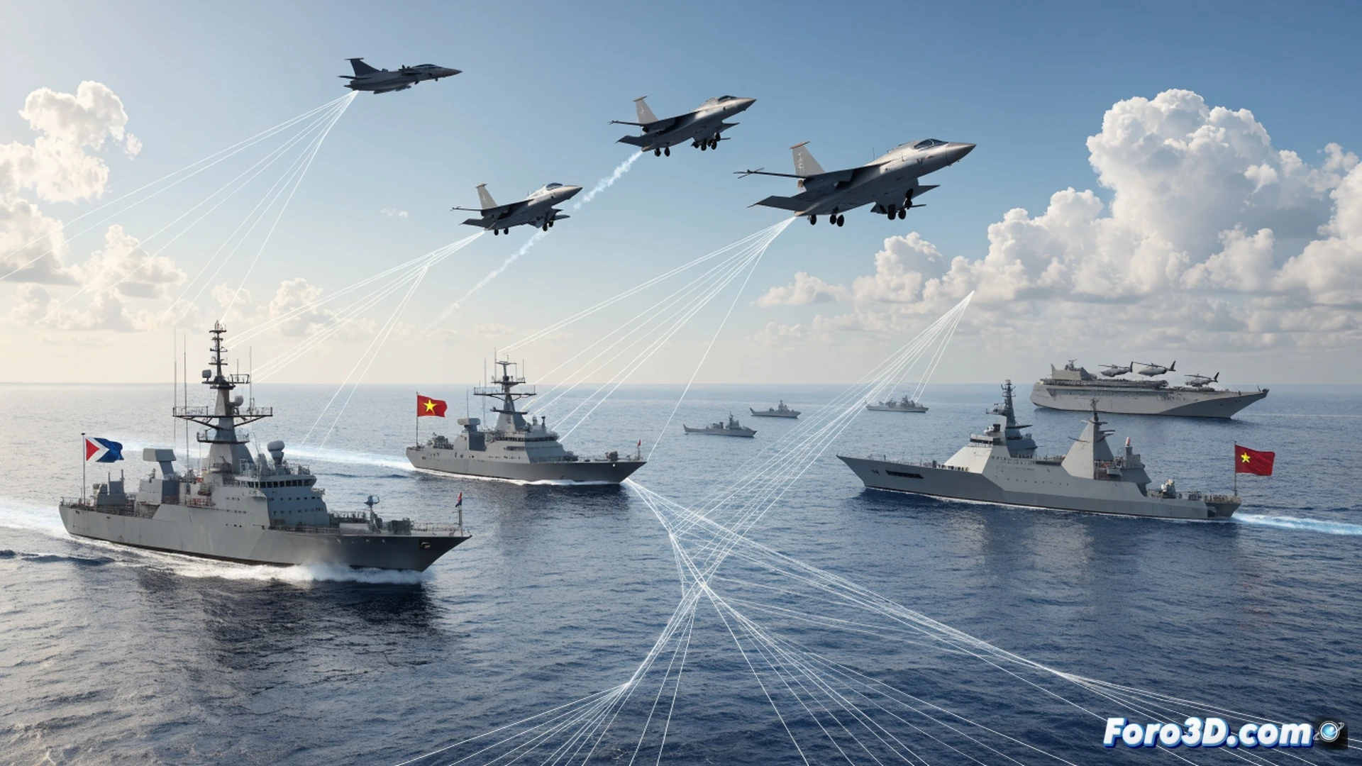 Military alliance map of Southeast Asia being woven together, naval ships from Philippines and Vietnam conducting joint patrol formation in South China Sea, intelligence data streams flowing between command centers through encrypted network lines, radar screens displaying overlapping coverage zones, warship silhouettes moving in coordinated defensive pattern, photorealistic technical illustration, blue and orange tactical interface lighting, wireframe connectivity nodes over satellite imagery, ocean surface with subtle wave patterns, strategic positioning demonstrated through vessel trajectories, cinematic engineering visualization, ultra-detailed maritime hardware, glowing communication pathways between allied forces