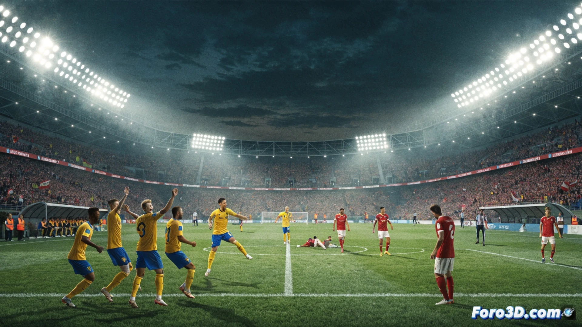 Soccer field during a high-intensity match, Swedish player in yellow jersey striking the ball with precision, Tunisian goalkeeper diving mid-air unable to reach the shot, ball curving into the top corner of the goal, net bulging on impact, stadium crowd in blurred motion, floodlights casting dramatic shadows on grass, technical action freeze-frame showing muscle tension and ball deformation, photorealistic sports photography style, Canon 400mm lens perspective, shallow depth of field, cinematic slow-motion effect, realistic sweat droplets and turf particles flying