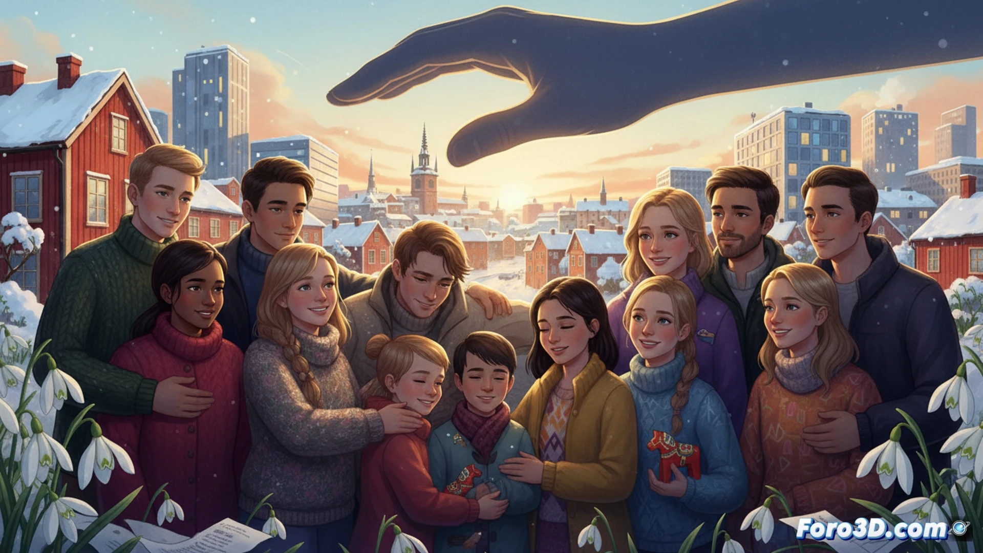 photorealistic cinematic scene of a group of young adults in casual clothes standing protectively around a family in a cozy Swedish living room, a government document with a deportation stamp being torn in half by a parent’s hand, visible relief and tears on faces, sunlight streaming through a window illuminating a computer screen showing a paused legal database, shelves with school diplomas and family photos, warm domestic lighting contrasting with cold bureaucratic blue tones, technical illustration style, sharp focus on the torn paper and embracing hands, soft bokeh background, emotional documentary aesthetic