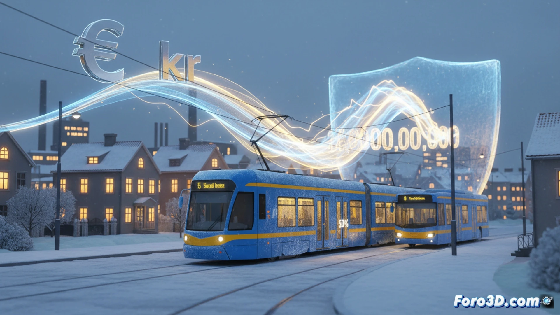 Scandinavian city street at dawn, electric bus with glowing blue charging cable connected, passengers boarding with shopping bags, digital fare display showing 50% discount, cold winter air visible from exhaust vents, smart traffic system with green energy indicators, photorealistic cinematic style, warm interior lights contrasting with frosty windows, citizens wearing winter coats, motion blur from moving bicycles, crisp Nordic lighting, ultra-detailed urban infrastructure, realistic reflective surfaces on wet pavement