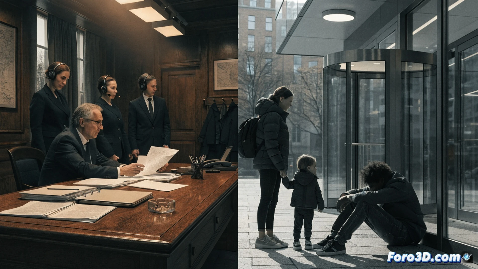 Cinematic photorealistic scene showing a Swedish migration agency office interior, a family of three immigrants sitting at a desk, a government official stamping a residency permit document with REVOKED mark, while a police officer stands nearby holding a small traffic fine paper, family looking shocked and confused, children holding Swedish flags, office walls with migration law posters, desk with computer showing legal database, ambient cold blue lighting, dramatic shadows, ultra-detailed facial expressions, technical documentation scattered, realistic bureaucratic atmosphere, high-resolution cinematic render