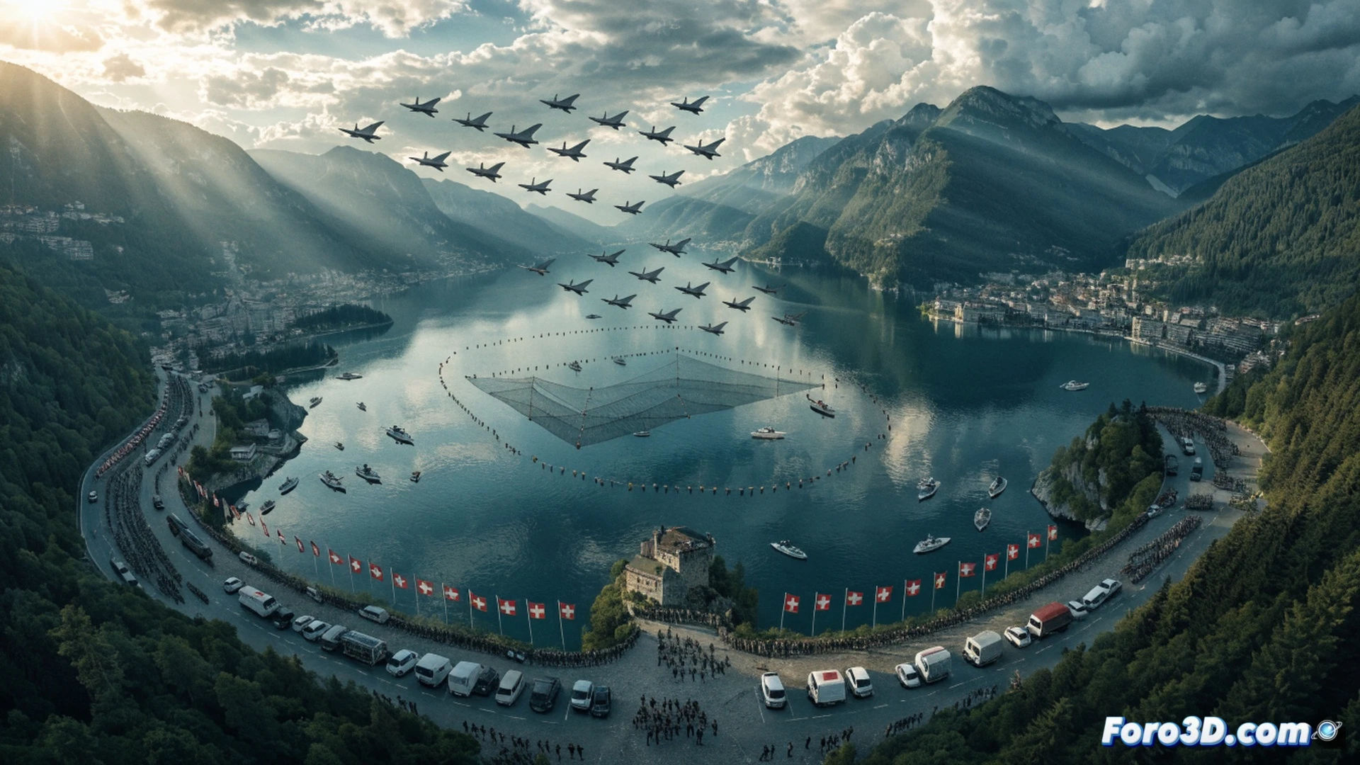 Lago Lucerna al atardecer, 2,000 efectivos militares formando un perímetro de seguridad en la orilla, vehículos blindados estacionados en puentes cercanos, drones de vigilancia sobrevolando el agua mientras un helicóptero militar patrulla el espacio aéreo restringido, banderas de Suiza, Estados Unidos e Irán ondeando frente a un edificio de vidrio y acero donde se realiza la firma, reflejos dorados en el lago, atmósfera tensa pero ordenada, estilo cinematográfico fotorrealista, iluminación dramática de hora azul, texturas nítidas de uniformes y superficies metálicas, profundidad de campo amplia mostrando la escala del despliegue.