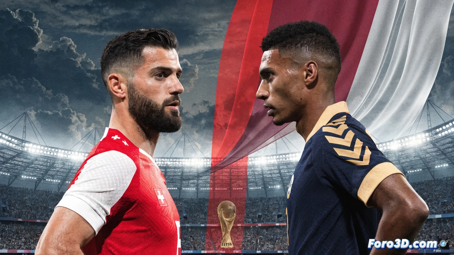 Fútbol suizo jugador capitán Granit Xhaka en el centro del campo durante el saque inicial, botas de fútbol de alto rendimiento con sensores de presión integrados, balón oficial del Mundial 2026 con chip de seguimiento RFID visible en el cuero sintético, césped híbrido natural-sintético con fibras verdes y negras entrelazadas, cámara de transmisión 8K montada en un dron sobrevolando el estadio, estadio lleno con banderas suizas y cataríes, iluminación LED de alta intensidad proyectando sombras nítidas, estilo cinematográfico photorealistic, acción congelada en el momento del golpeo, sudor y tensión muscular visibles en el rostro de Xhaka, profundidad de campo reducida que enfoca al jugador y desenfoca el fondo.