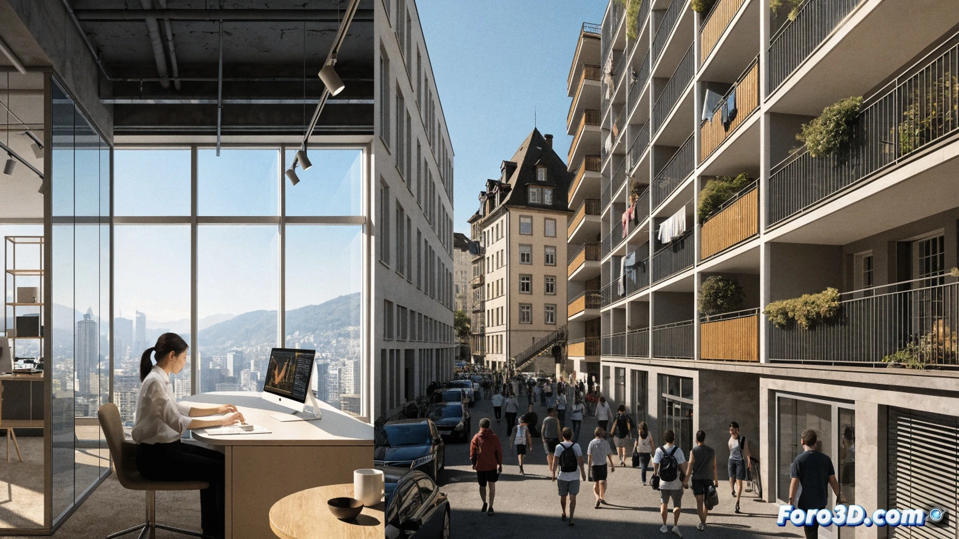 photorealistic technical scene of a Swiss border checkpoint with a glowing open gate welcoming diverse professionals holding engineering blueprints and laptops, while behind them local construction workers in safety vests struggle under a collapsing housing scaffold and deflating salary graphs, detached corporate headquarters in background with golden windows, cracked pavement dividing the two groups, cinematic lighting with cold blue on locals and warm gold on immigrants, ultra-detailed textures of concrete and glass, dramatic contrast, photorealistic architectural visualization