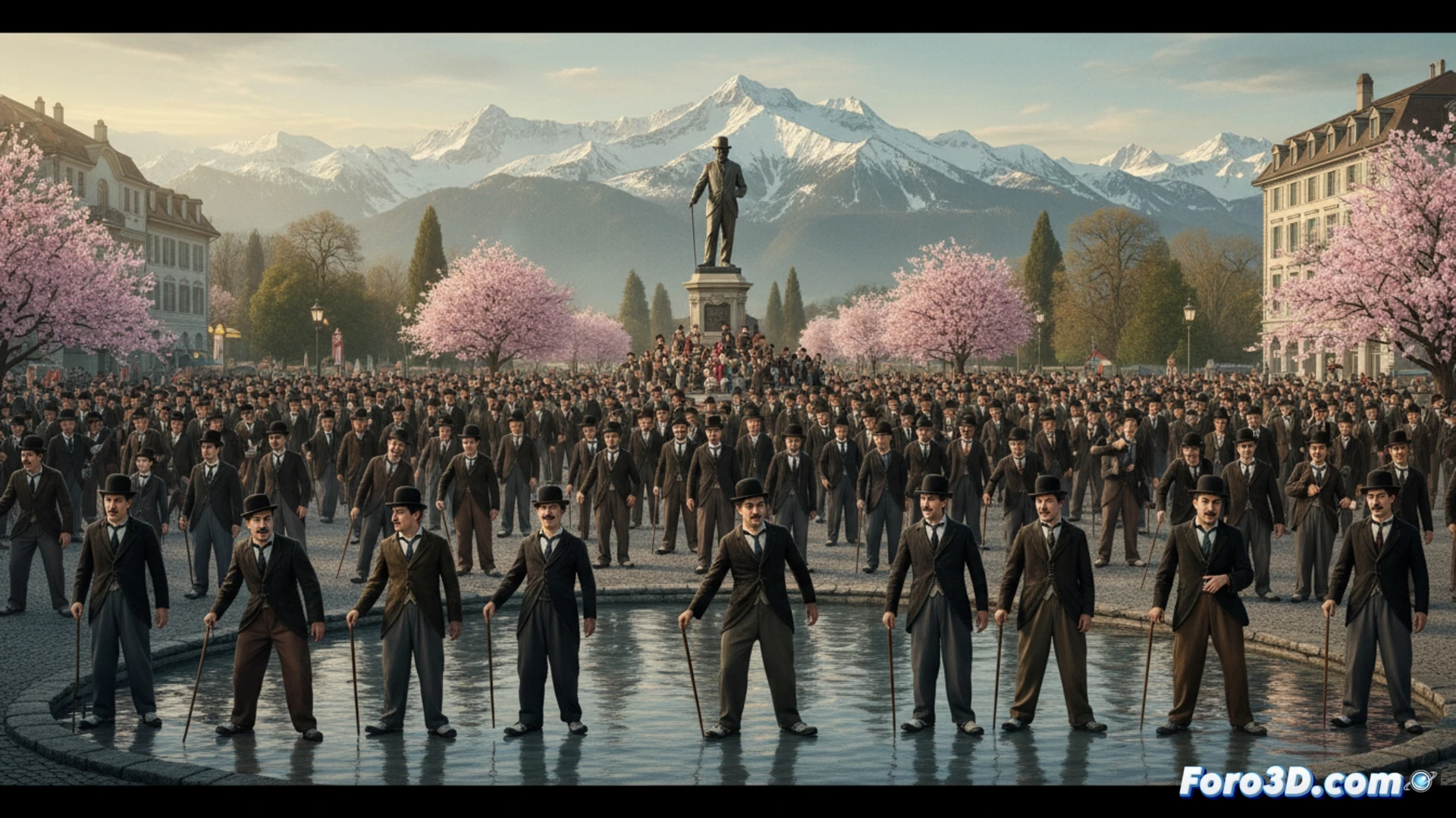 multitude of people dressed as Charlie Chaplin walking in a synchronized parade through a Swiss town square, each holding a bamboo cane and wearing a bowler hat and small mustache, crowd forming a human wave of identical silhouettes, cinematic wide-angle shot, soft golden hour sunlight casting long shadows, vintage sepia-toned color palette, photorealistic crowd scene, cobblestone street texture, distant Alpine mountains in background, dust particles floating in warm light, motion blur on walking legs, 8k detail, nostalgic film grain effect