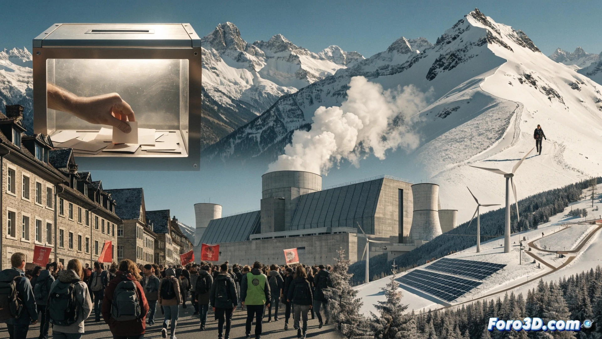 swiss nuclear control room at night, engineers pointing at a holographic energy grid showing rising winter demand, old reactor blueprint being unrolled over a digital tablet, solar panels dimly lit in background, dramatic contrast between cold blue control panels and warm emergency lights, cinematic engineering visualization, photorealistic technical render, tension visible in body language, cables and server racks glowing faintly, high-tech industrial atmosphere, ultra-detailed surfaces and reflections