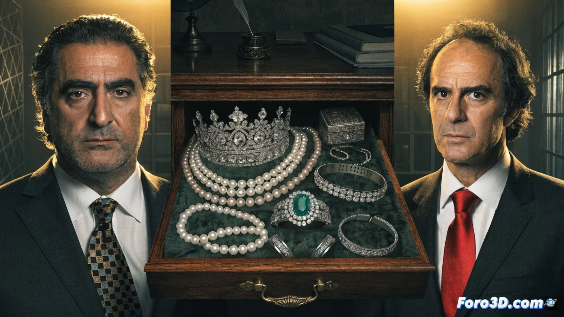 high-level government office interior, a female inspector wearing a badge examines a glass display case containing three ornate jewel-encrusted necklaces and a gemstone-studded tiara, a magnifying glass in her hand hovering over a diamond clasp, a document on the desk next to her showing a map of Morocco and Western Sahara with red question marks, a laptop screen displaying a spreadsheet with rows labeled gift origin and value in euros, a security camera on the ceiling pointing at the jewels, cinematic photorealistic technical illustration, cold blue-gray lighting, dust motes in a beam of light, polished marble floor reflecting the scene, tension visible in the inspector’s focused expression, ultra-detailed metal and gem reflections