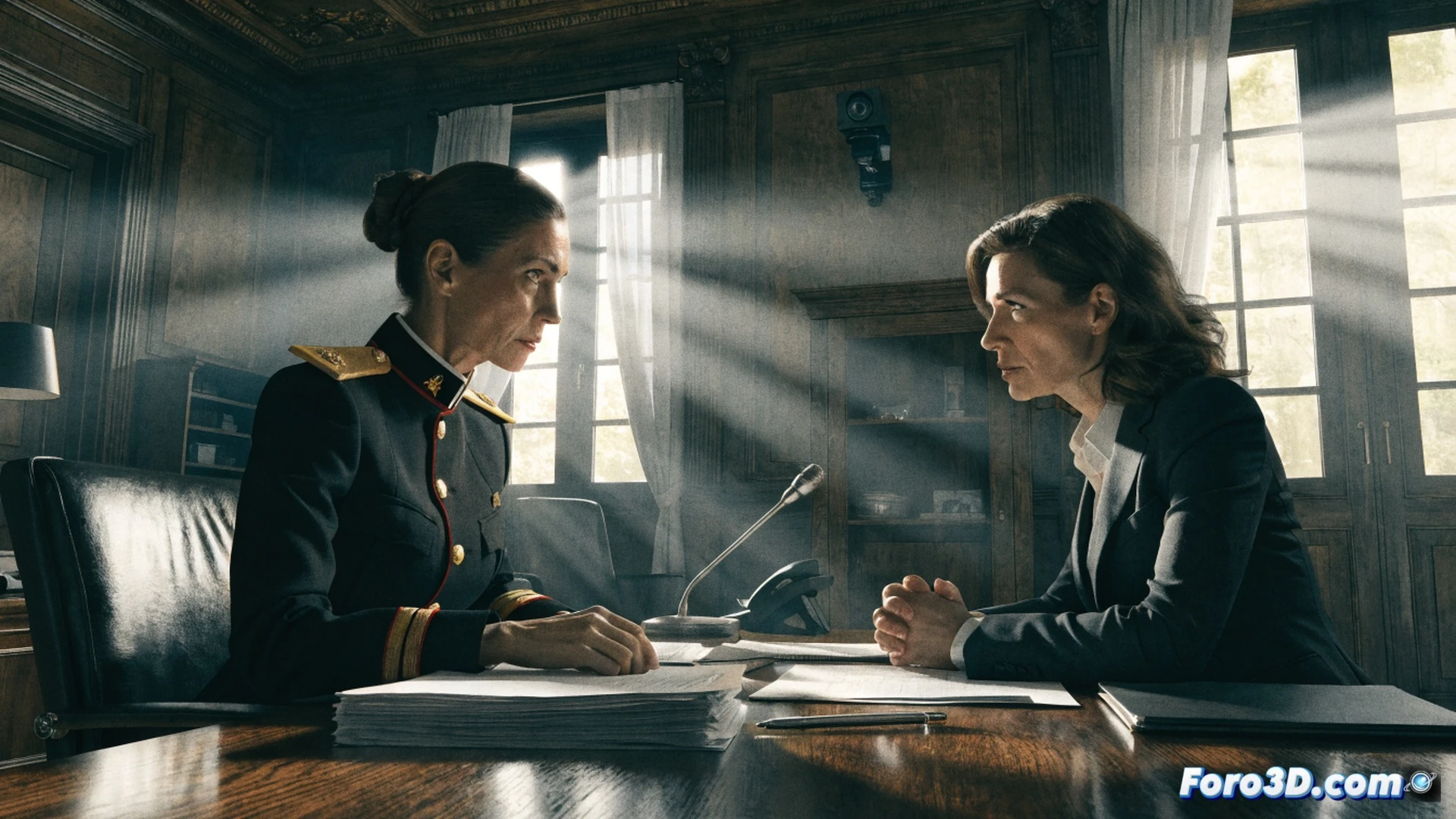 Photorealistic cinematic scene of a Guardia Civil director’s office, a female officer in formal uniform sits behind a polished wooden desk, her hands resting on a stack of classified folders with official seals, a male politician in a suit stands across the desk, pointing at a digital tablet displaying a calendar with hidden meeting entries, a magnifying glass lies on the desk next to a secure landline phone, soft dramatic lighting from a desk lamp casts shadows, tension visible in body language, ultra-detailed textures of fabric and wood, realistic office environment with Spanish flag in background, technical illustration style