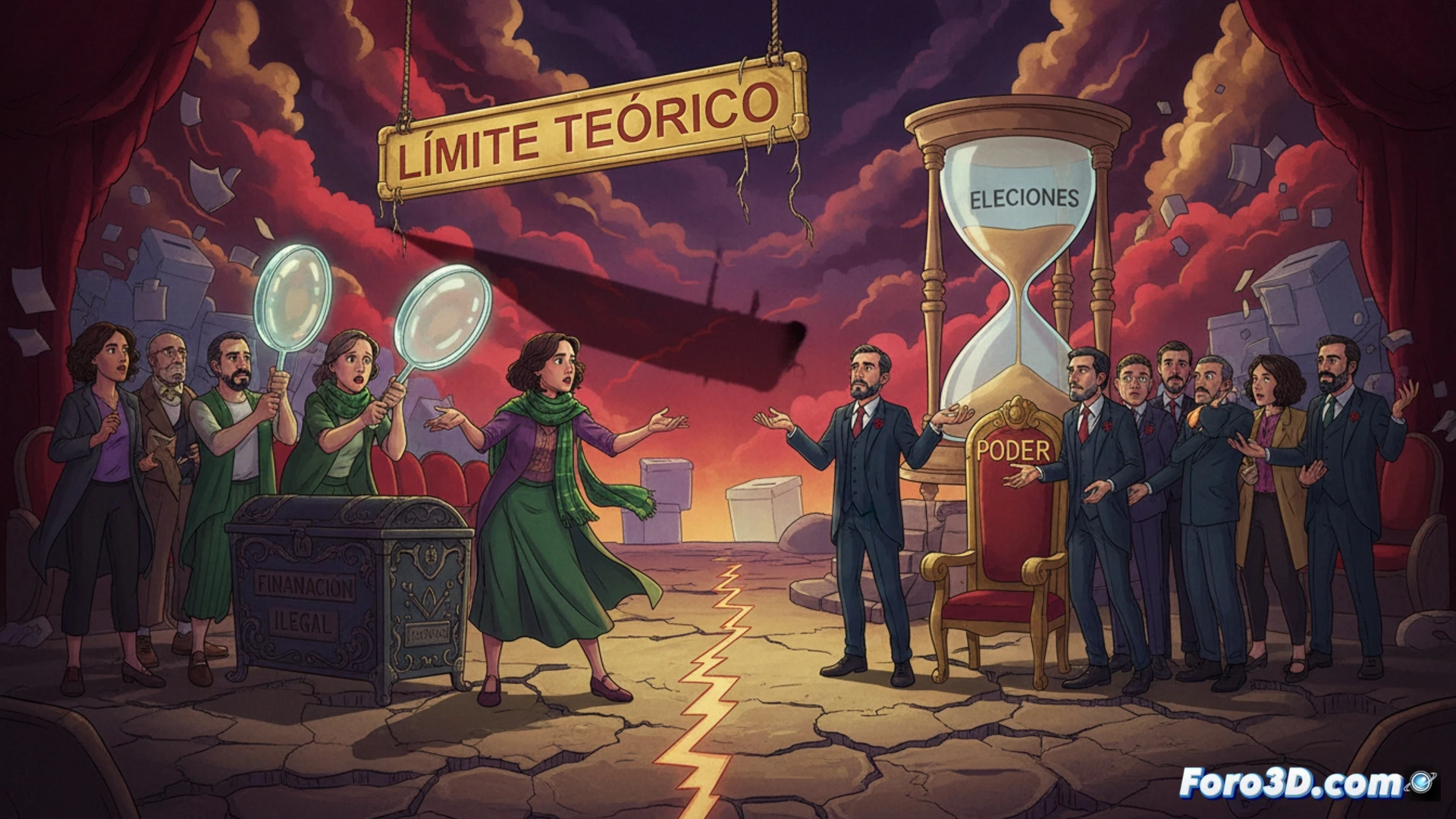 Photorealistic cinematic scene of two stage performers in a dark theater, one holding a blank script while the other grips a broken megaphone, tangled cables and disconnected microphones on the floor, a glowing red line drawn across the stage floor splitting the space, backstage visible with a control panel showing a blinking warning light labeled for illegal funding, both figures frozen in a tense standoff, dramatic spotlight from above casting long shadows, technical theatrical lighting rigs and sound equipment visible, ultra-detailed textures of worn wooden stage and metal equipment, moody chiaroscuro lighting, photorealistic render