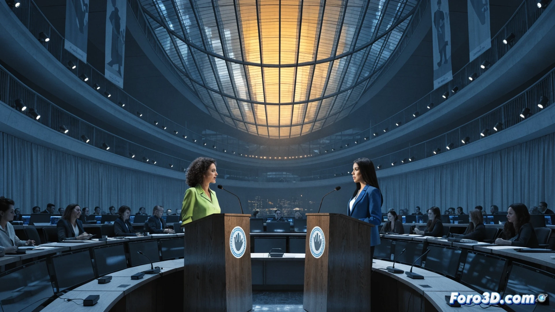 photorealistic political assembly scene, two women standing at podiums facing each other, one holding a microphone with a fractured party logo behind her, the other gesturing toward a stack of policy documents on a table, broken chain links on the floor symbolizing internal conflict, blurred audience in background, dramatic overhead lighting casting shadows, cinematic documentary style, deep blue and grey color palette, tension visible in body language, ultra-detailed textures on wood podium and fabric suits