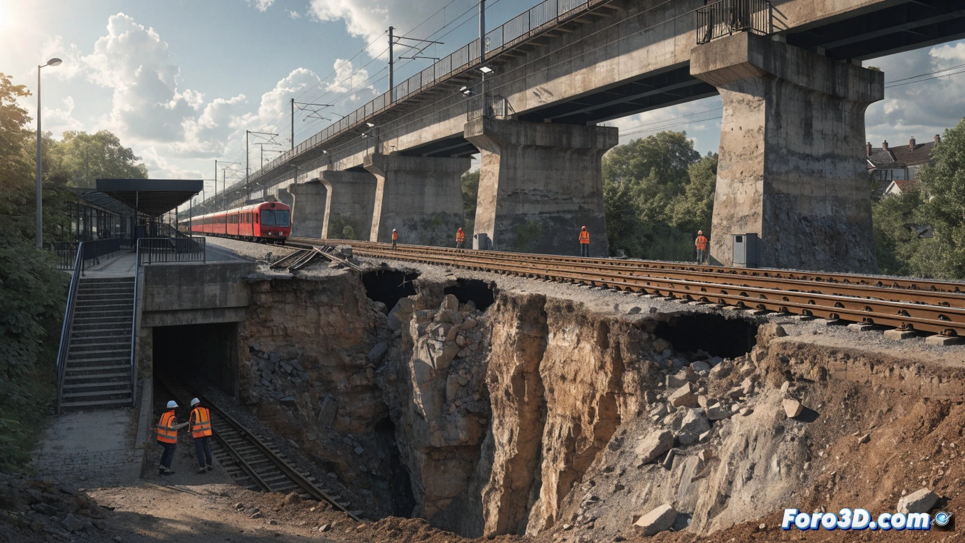Cinematic photorealistic scene of a railway bridge near Purley with multiple sinkholes collapsing the track bed, cracked concrete and twisted steel rails exposed, orange safety barriers and warning lights placed around the damaged area, engineers in high-visibility jackets inspecting the unstable ground with ground-penetrating radar equipment, a digital tablet showing structural analysis data, empty tracks stretching toward East Croydon in the background, overcast London sky, wet asphalt reflecting emergency vehicle lights, technical engineering visualization showing underground voids in cross-section, detailed soil erosion and infrastructure failure, dramatic industrial lighting emphasizing structural danger