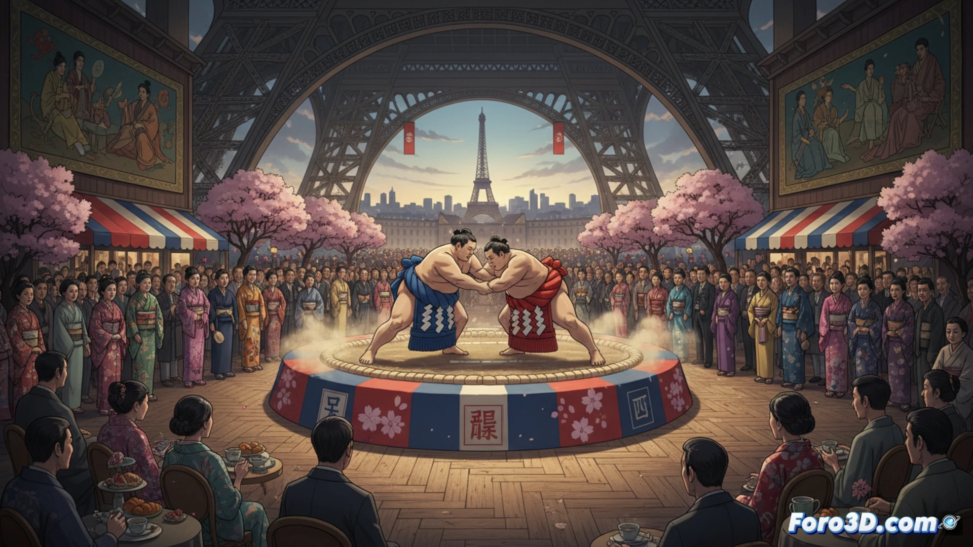 two sumo wrestlers in ceremonial mawashi belts facing each other in a dohyo ring at a Parisian indoor arena, Eiffel Tower visible through large arched windows, French spectators watching intently while a Japanese elder demonstrates a salt-throwing purification ritual, hands mid-motion scattering salt crystals, traditional wooden roof hanging over the ring, cultural exchange atmosphere, soft natural light mixing with arena spotlights, cinematic photorealistic style, detailed textures of silk belts and straw bales, respectful calm tension, no text or numbers visible
