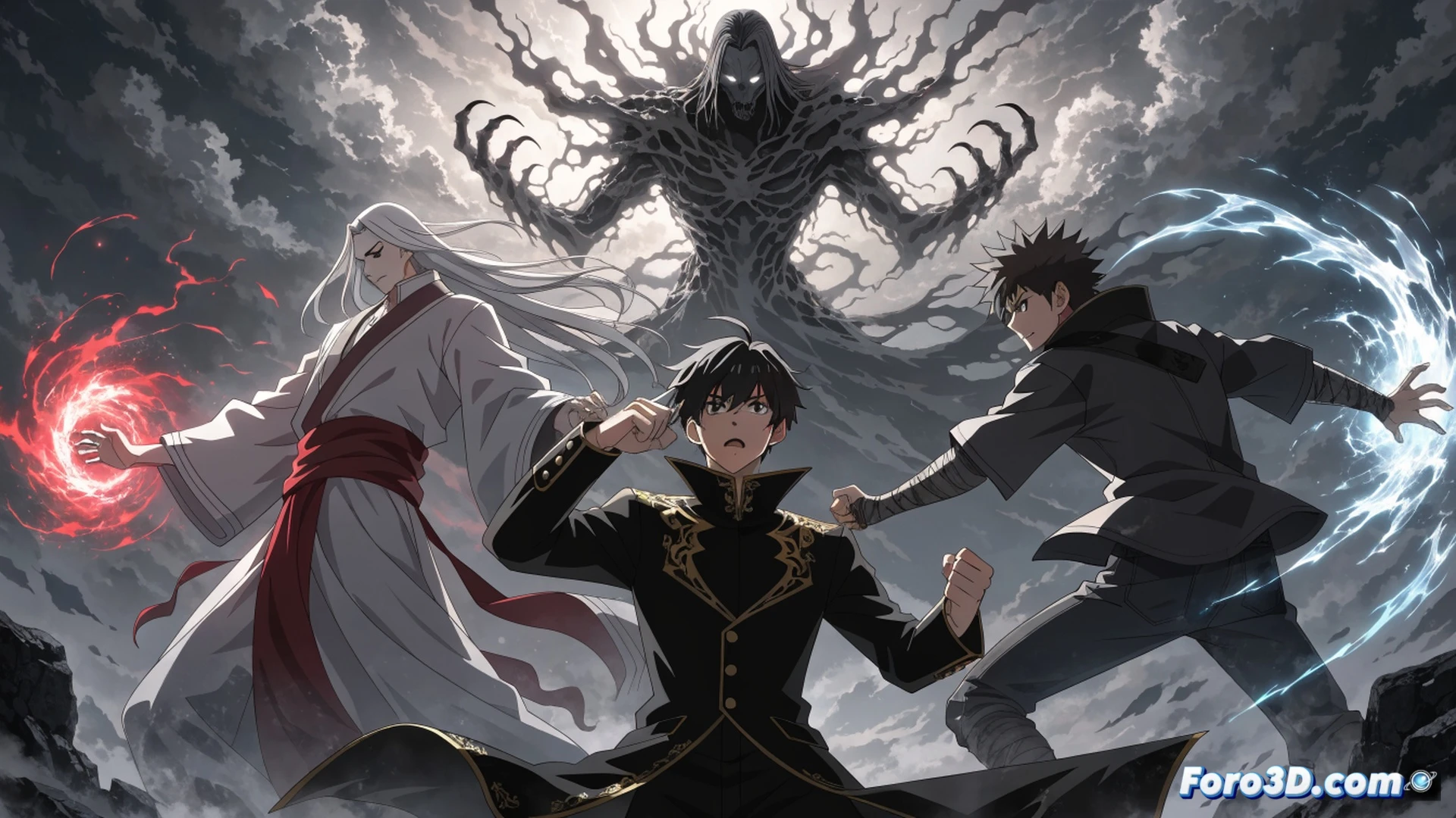Sung Jinwoo from Solo Leveling standing in a dark dungeon, his purple energy daggers drawn, facing three shadowy anime silhouettes representing Shadow, Anos Voldigoad, and Itadori Yuji, each unleashing distinct glowing auras of resurrection and army control magic, while Jinwoo’s own army of shadow soldiers flickers and fades at the edges, cinematic anime battle scene, dynamic action pose, dramatic side lighting, glowing particle effects, photorealistic character illustration, high contrast dark fantasy style, intense motion blur on combat stances, technical visualization of power hierarchy