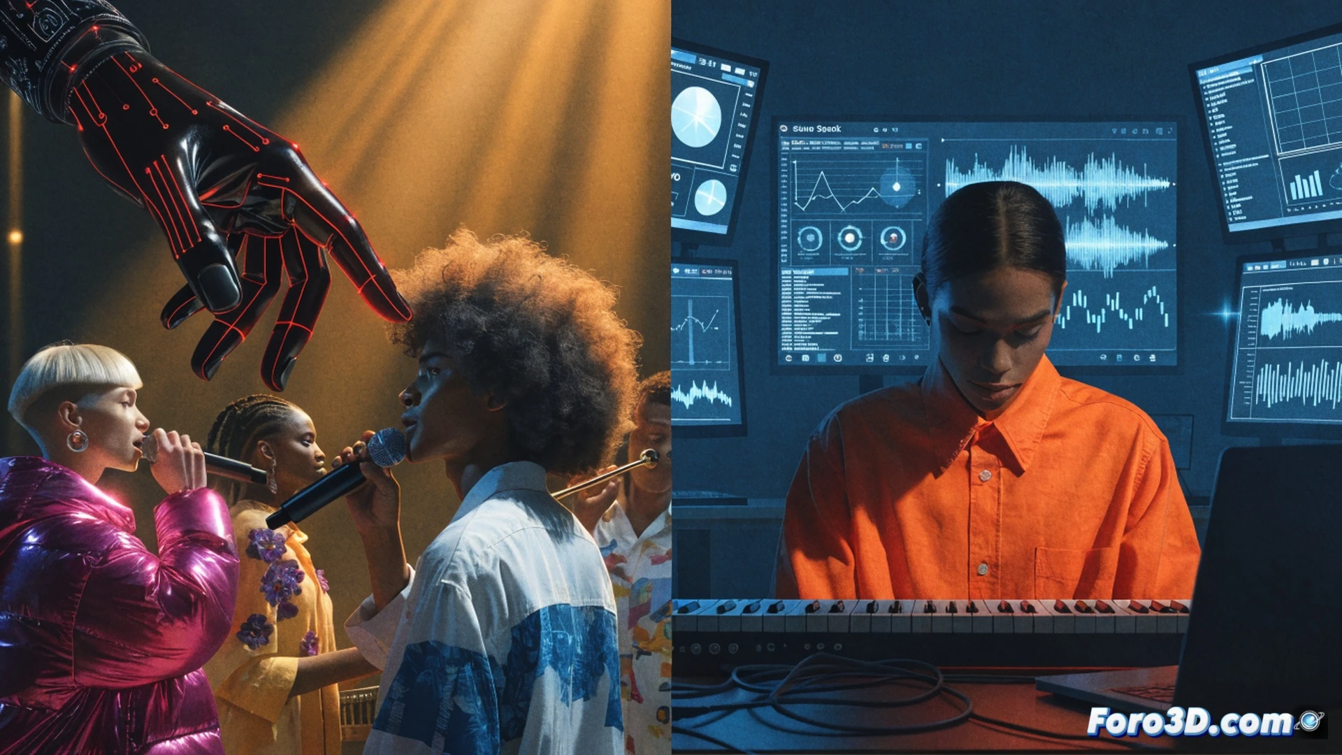 A lone musician in a dim studio, hand hovering over a glowing laptop screen showing Suno Spark contract terms, a microphone cable coiled like a chain around their wrist while spectral musical notes drift upward into a corporate server rack, the notes transforming into locked padlocks mid-air, cinematic photorealistic tech illustration, cold blue and red lighting, surveillance camera lens reflection in the monitor glass, oppressive atmosphere, hyper-detailed studio gear, cables, and digital interfaces, dramatic shadows emphasizing loss of creative control