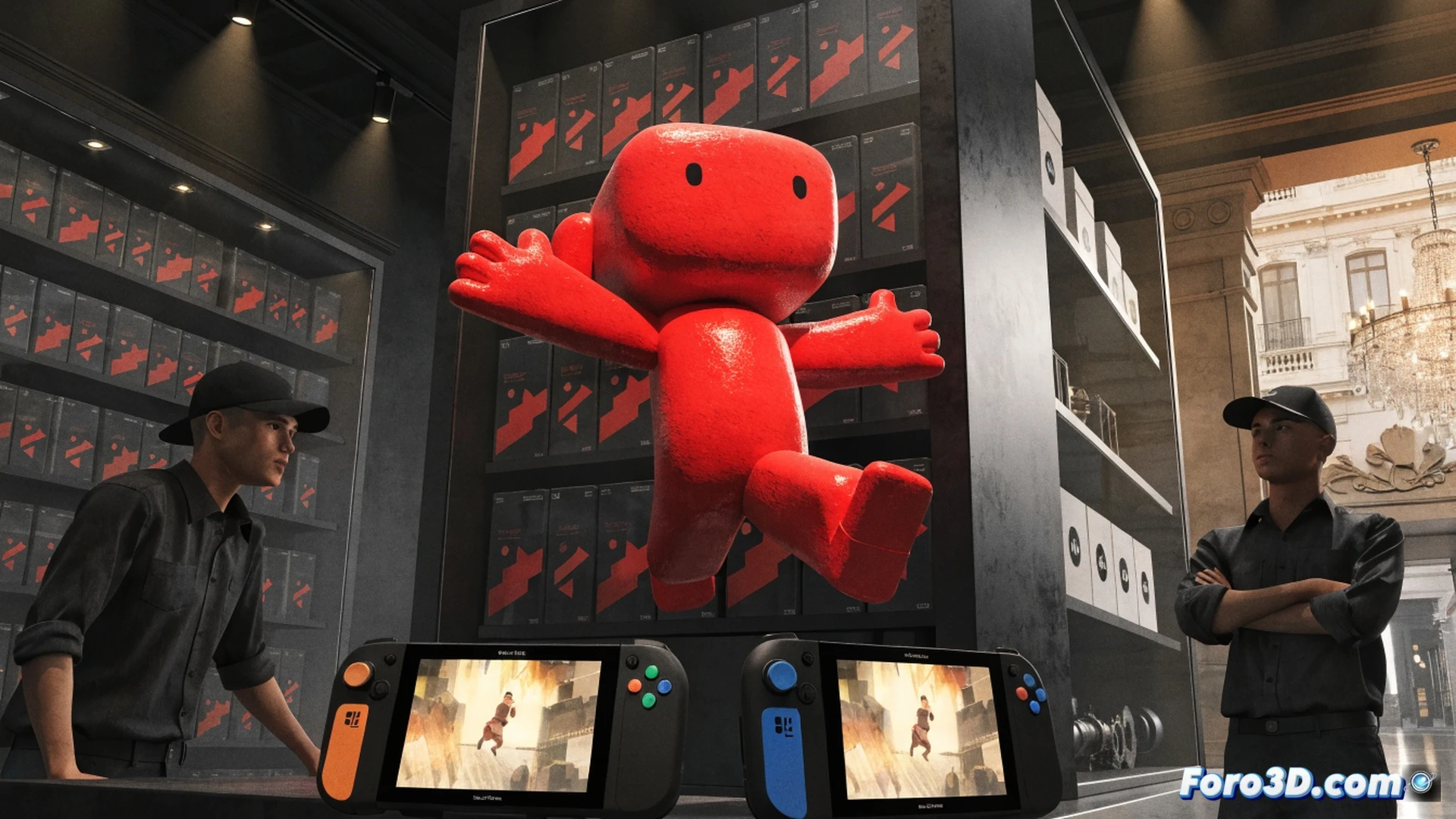 Nintendo Switch 2 abierta mostrando el cartucho físico de Super Meat Boy 3D siendo insertado en la ranura, manos sosteniendo la caja del juego con diseño vibrante rojo y carne, fondo del stand de lanzamiento en Madrid con luces LED azules y rojas, consola conectada a una pantalla mostrando el menú del juego sin texto, durante el proceso de instalación instantánea, cinematic product photography, iluminación dramática de estudio, reflejos metálicos en el cartucho, textura rugosa de la caja, photorealistic technical illustration.