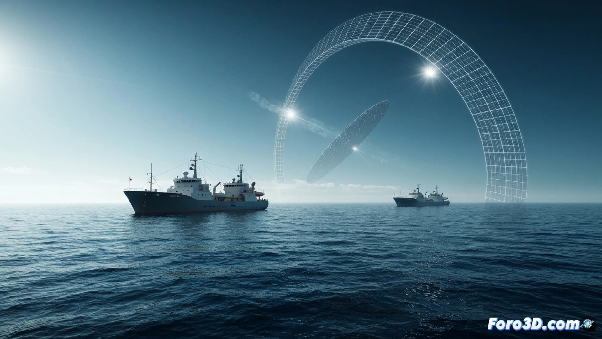 fleet of fishing vessels scattered across open ocean during a solar superstorm, compass needles spinning wildly, GPS screens showing static and no signal, crew members pointing at the sky where aurora-like plasma streams are visible, chaotic navigation panels with flickering displays, broken satellite antennas, empty radar screens, photorealistic cinematic visualization, dramatic storm clouds, dark sea with whitecaps, emergency lights reflecting on water, ultra-detailed maritime equipment, tense atmosphere, realistic ocean lighting