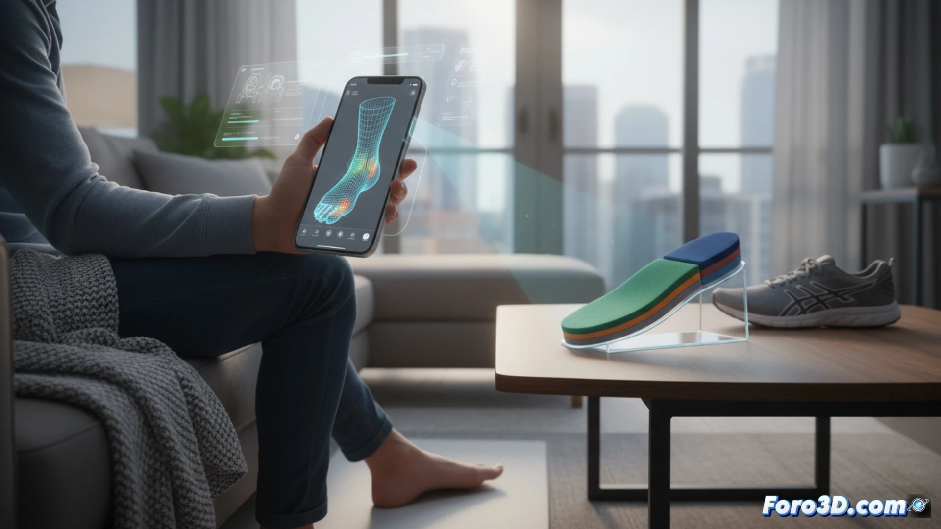 iPhone scanning a bare foot on a white surface, phone screen displaying a 3D mesh model of the foot with pressure heatmap overlays, app interface showing foam density options for running, a pair of custom 3D-printed insoles beside the phone, digital measurement lines projected onto the foot, home living room background with soft natural lighting, photorealistic technical illustration, sharp focus on the scanning process, subtle motion blur indicating the scan movement, clean minimalist composition, engineering visualization style