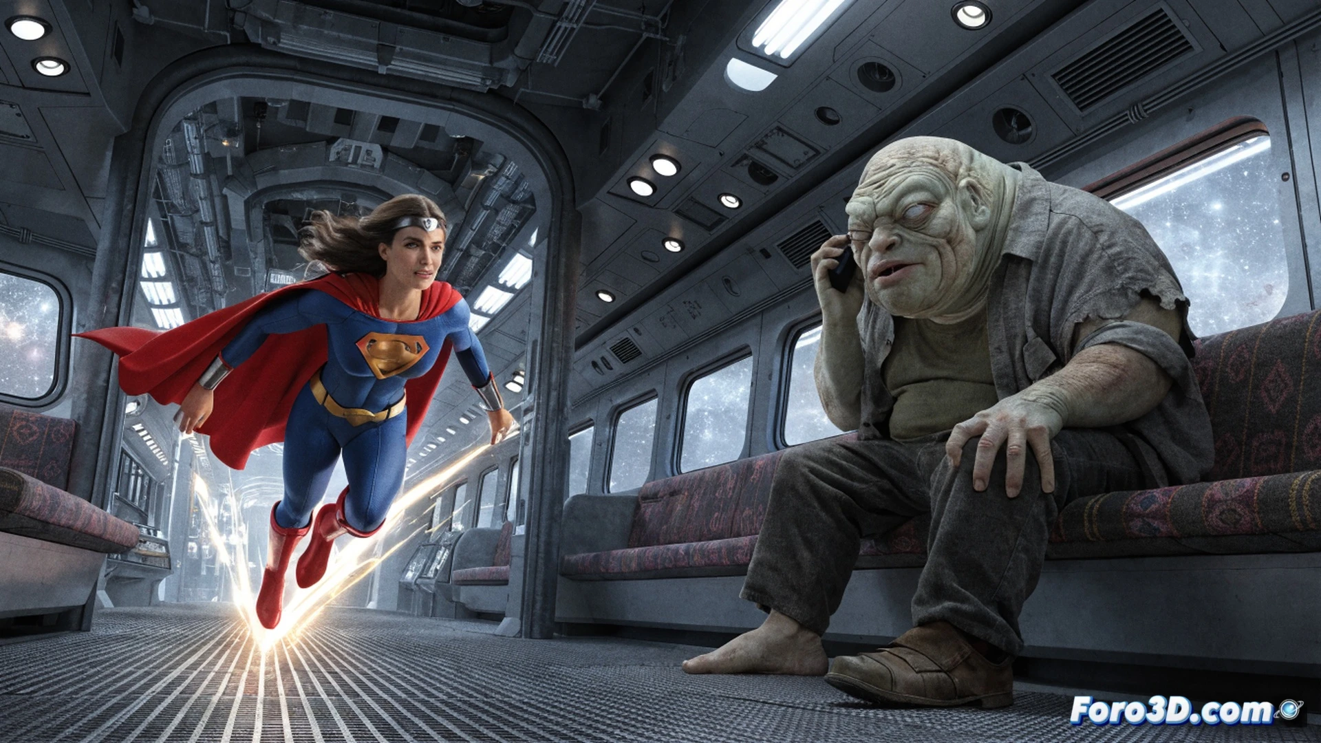 Supergirl floating inside a derelict space bus, tiny alien creature with wide panicked eyes clinging to a broken control panel, sparks flying from exposed wiring, alien pointing at a missing engine module while sweating, humorous expression, cinematic sci-fi style, photorealistic render, warm interior glow contrasting cold space darkness, metallic surfaces with scratched paint, floating debris drifting in zero gravity, dramatic side lighting, detailed alien skin texture, comedic tension in body language