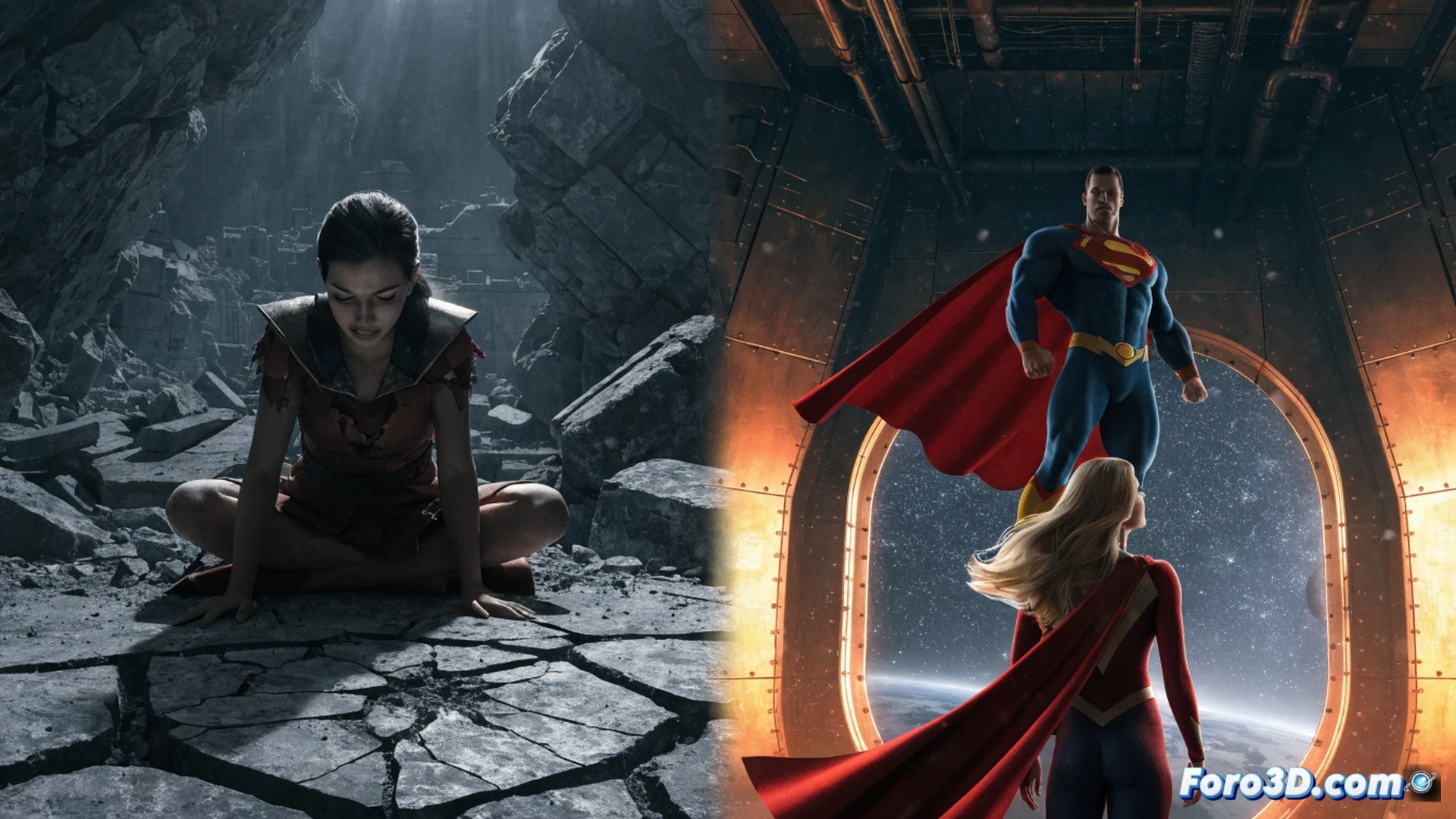 Cinematic scene showing a film editing timeline on a digital workstation, two Superman cameo clips inserted over a deleted childhood trauma sequence for Krem, while a fragment of Krypton destruction remains discarded in a trash bin, photorealistic technical illustration, glowing cursor hovering over timeline, red markers indicating cuts, sharp contrast between bright hero footage and dark deleted scenes, dramatic studio lighting, ultra-detailed monitor reflections, cinematic post-production visualization