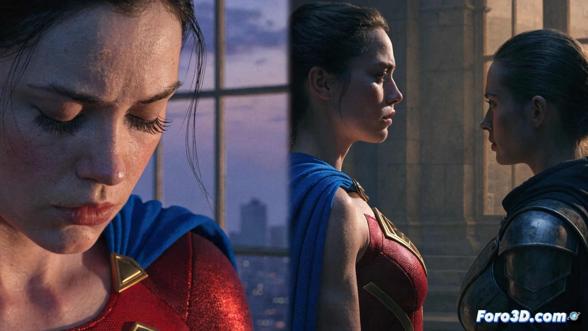 cinematic wide shot of Supergirl floating mid-air in a desolate city street, her cape tattered and motionless, fists clenched but no energy glow, a broken drone with exposed circuit boards lies at her feet, while a holographic screen on a nearby wall displays a low box office graph, grey overcast sky, photorealistic engineering visualization, dramatic contrast between her stillness and the chaotic debris, industrial metallic textures, cold blue and steel color palette, ultra-detailed fabric wrinkles and tech components, no text or numbers visible
