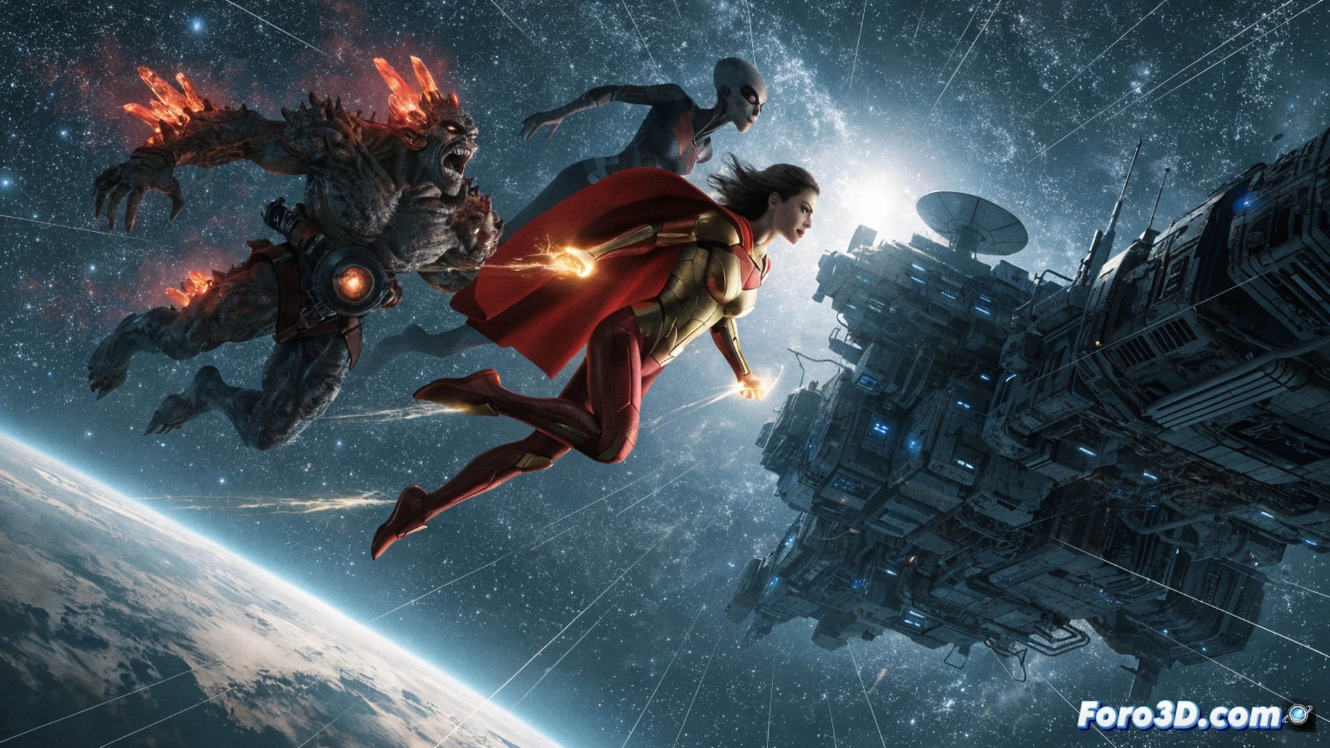 Supergirl flying through a nebula in deep space, gripping a futuristic energy rifle while scanning a derelict alien spacecraft, young Ruthye clinging to her back with a data pad showing a tracking signal, cosmic dust particles colliding with their suits, cinematic sci-fi action scene, glowing blue propulsion trails from Kara's boots, broken hull fragments drifting in zero gravity, dramatic starfield lighting, photorealistic space environment, high-contrast lens flare, dynamic motion blur showing high-speed pursuit