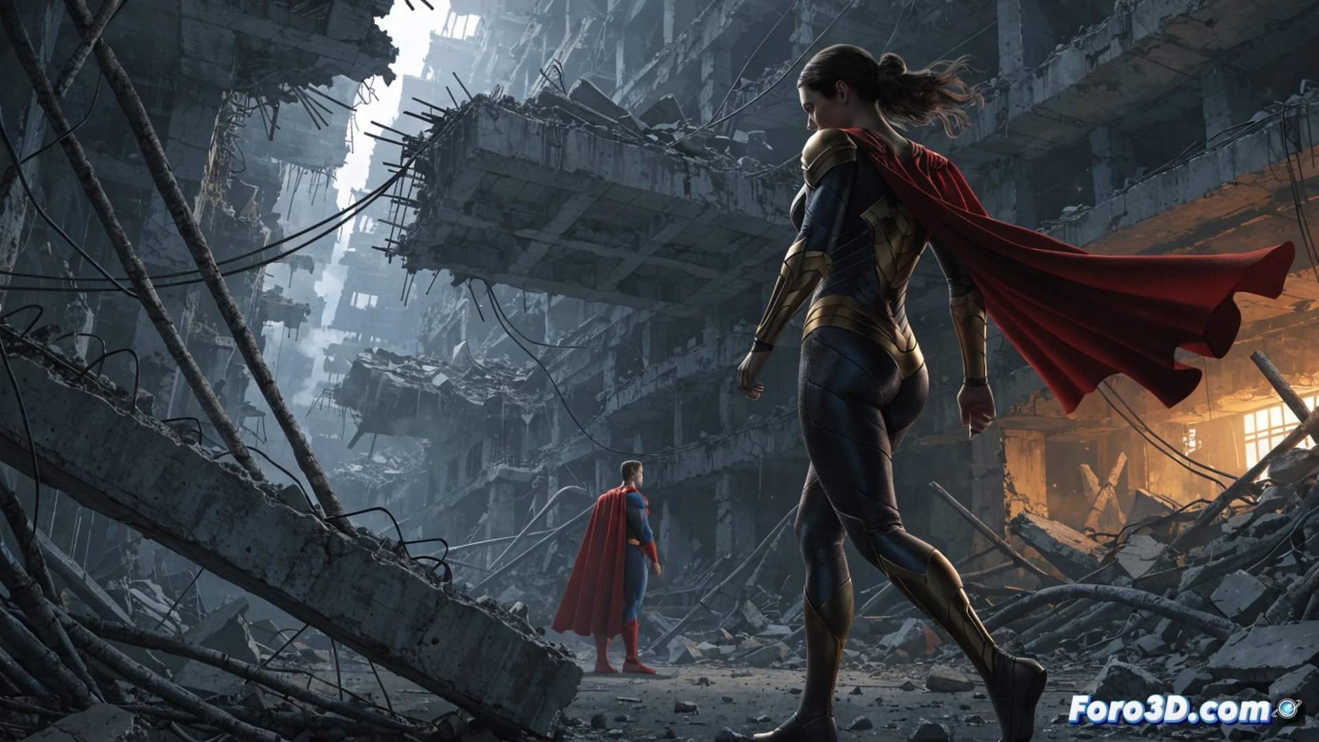 Supergirl floating mid-air in a rain-slicked alley, her cape tattered and wet, one hand clenched in a fist while the other holds a cracked smartphone displaying a news headline about Superman. Broken neon lights flicker around her, casting harsh shadows on her face, showing anger and doubt. A discarded Kryptonian tech gauntlet lies on the ground, sparks flying from its damaged circuits. Cinematic photorealistic illustration, dramatic chiaroscuro lighting, rain streaks catching city light, gritty urban texture, emotional tension, realistic fabric folds, wet asphalt reflections, moody blue and amber color palette, ultra-detailed facial expression, technical precision in costume weathering.