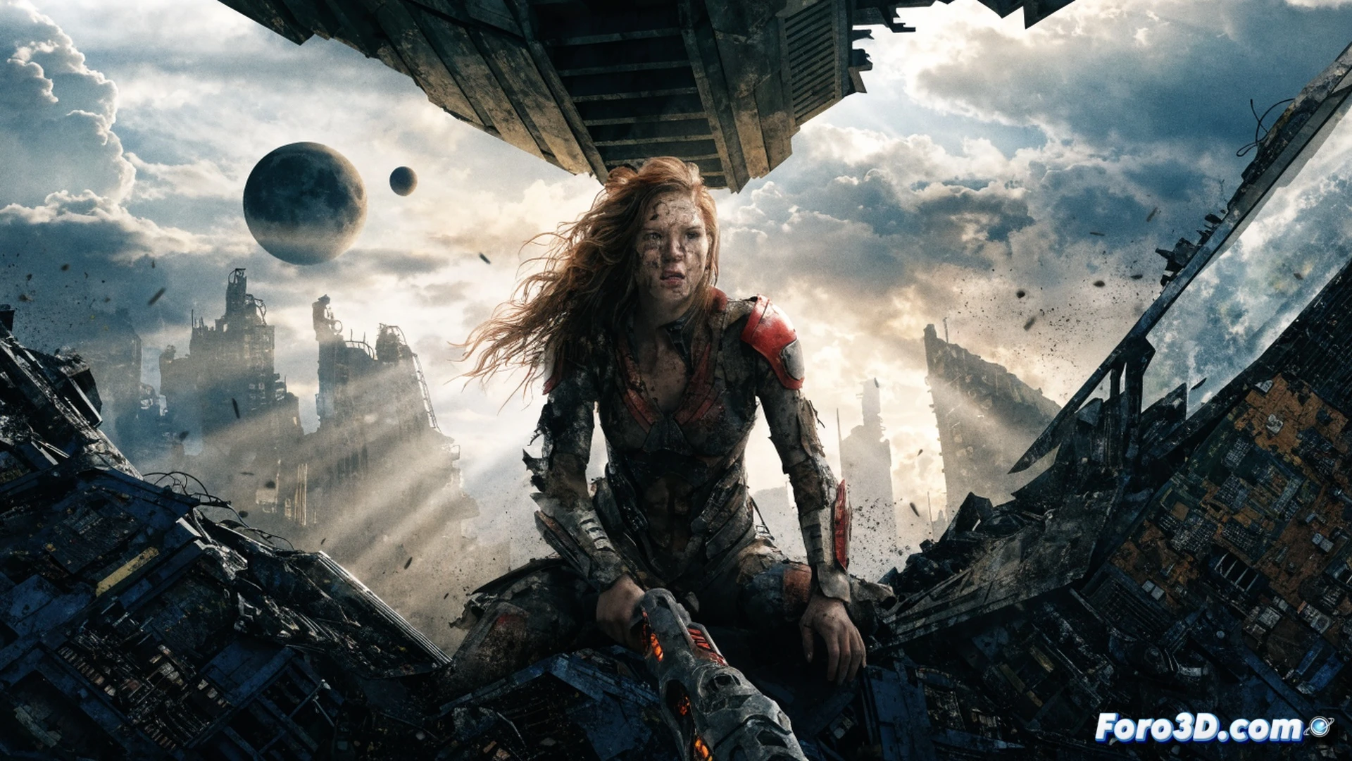 Supergirl en un páramo desértico postapocalíptico, puños ensangrentados mientras lanza a un enemigo contra una estructura metálica oxidada, chispas volando durante el impacto, su traje rasgado y cubierto de polvo, vehículos destrozados y restos de maquinaria industrial esparcidos, nubes de tormenta al fondo, estilo cinematográfico hiperrealista, iluminación dramática con contrastes duros, texturas de metal corroído y tierra seca, acción violenta congelada en un fotograma de combate, composición de gran angular que enfatiza el caos y la suciedad del entorno