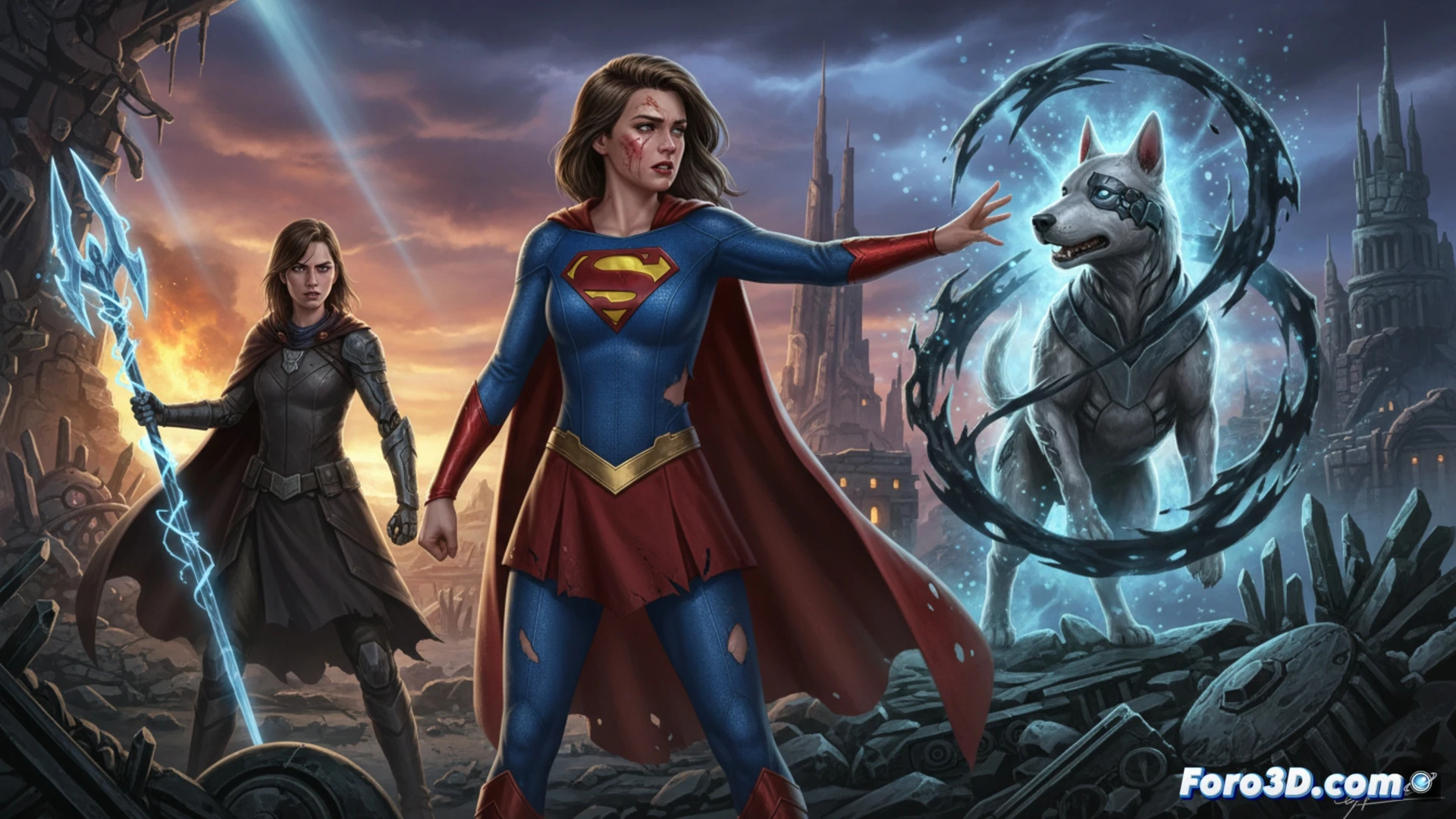 Supergirl flying through a shattered Kryptonian ruin, torn red cape whipping behind her, one hand gripping a glowing power cell, the other reaching for Krypto who leaps across a gap, a damaged holographic console sparking behind them, young female ally crouched with a plasma cutter, debris and energy beams crossing the scene, cinematic photorealistic action shot, dramatic low-angle lighting, cracked glass surfaces reflecting blue energy, dust particles illuminated by explosions, gritty superhero combat aesthetic, intense motion blur on cape and dog fur