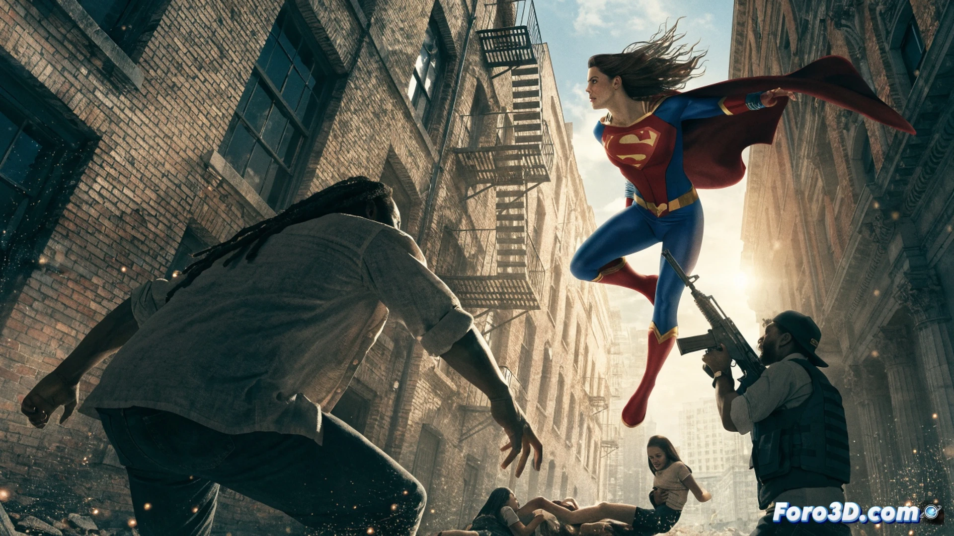 Supergirl flying through a dimly lit underground trafficking hideout, fighting two muscular villains while a slow ballad plays, her expression conflicted mid-punch, a laptop displaying a trafficking network map glows on a metal desk, cables and surveillance monitors flicker in the background, dark concrete walls with chains, cinematic action shot, motion blur on her cape, dramatic low-key lighting, photorealistic movie still, emotional tension visible in her posture, high-contrast shadows, detailed textures on leather costume and metal surroundings