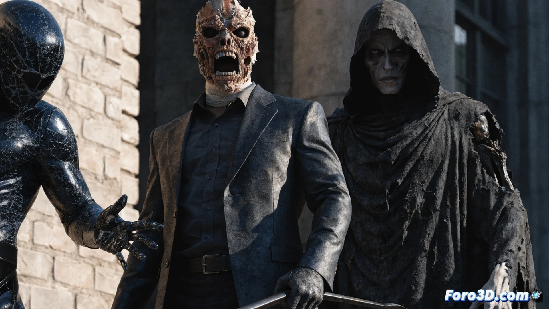 cinematic photorealistic scene of a shattered city street at night, a bloodied vigilante in a tattered mask holding a crowbar over a defeated villain, broken glass and bullet casings scattered on wet asphalt, neon signs flickering red and blue, a torn comic book page fluttering in the wind, technical detail showing ripped fabric and metal armor, dramatic low-angle lighting, dark rain-slicked environment, ultra-detailed textures on mask and weapons, realistic blood splatter, gritty noir atmosphere