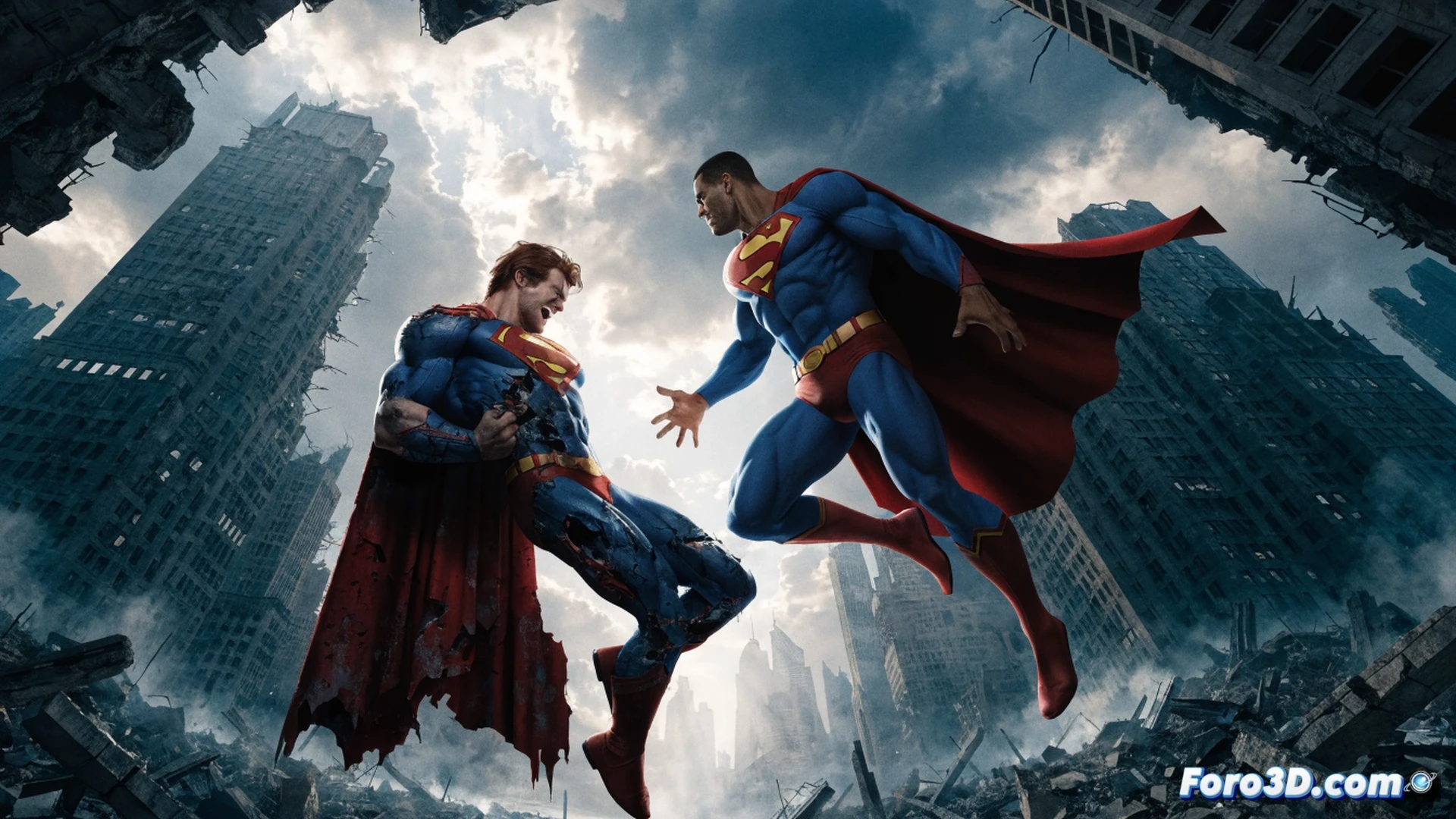 Superboy-Prime flotando en un paisaje urbano devastado, rayos de energía roja emanando de sus puños mientras una figura sombría de Kal-L yace al fondo, fragmentos de edificios y escombros suspendidos en el aire durante el impacto, grietas en el suelo irradiando luz, estilo cinematográfico épico, iluminación dramática con contrastes de rojo y azul, texturas de piel y capa ultrarealistas, atmósfera tormentosa con nubes densas, composición de gran angular que enfatiza la tensión del juicio visual, render fotorealista con detalles de daños estructurales.