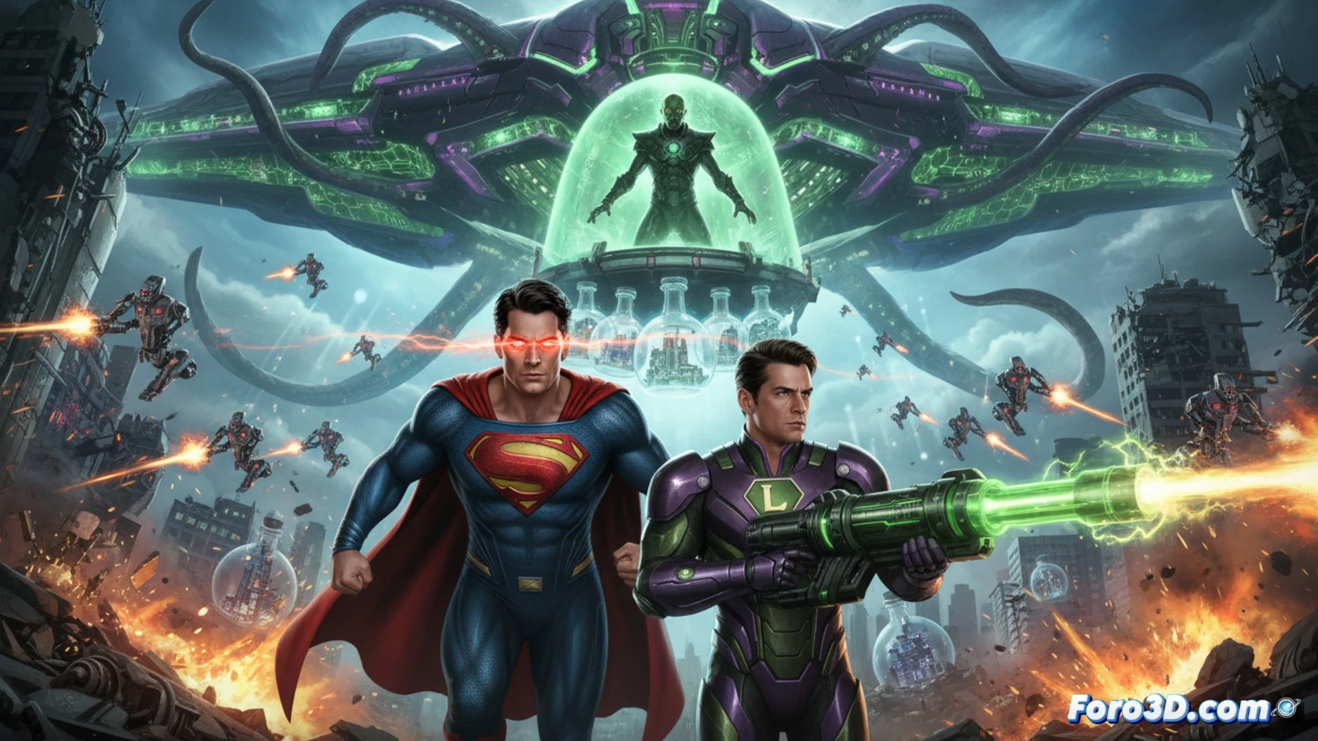 Superman y Lex Luthor enfrentados a Brainiac en una ciudad devastada, Superman volando con puños en alto mientras Luthor activa un cañón de kryptonita azul desde un brazo mecánico, Brainiac flotando con tentáculos metálicos y escudos verdes, edificios derrumbados con escombros humeantes, líneas de energía eléctrica cruzando el cielo tormentoso, estilo cinematográfico fotorrealista, iluminación dramática con destellos de explosiones, texturas detalladas en trajes y superficies metálicas, ángulo contrapicado mostrando la escala épica del combate, acción congelada en el momento del impacto.