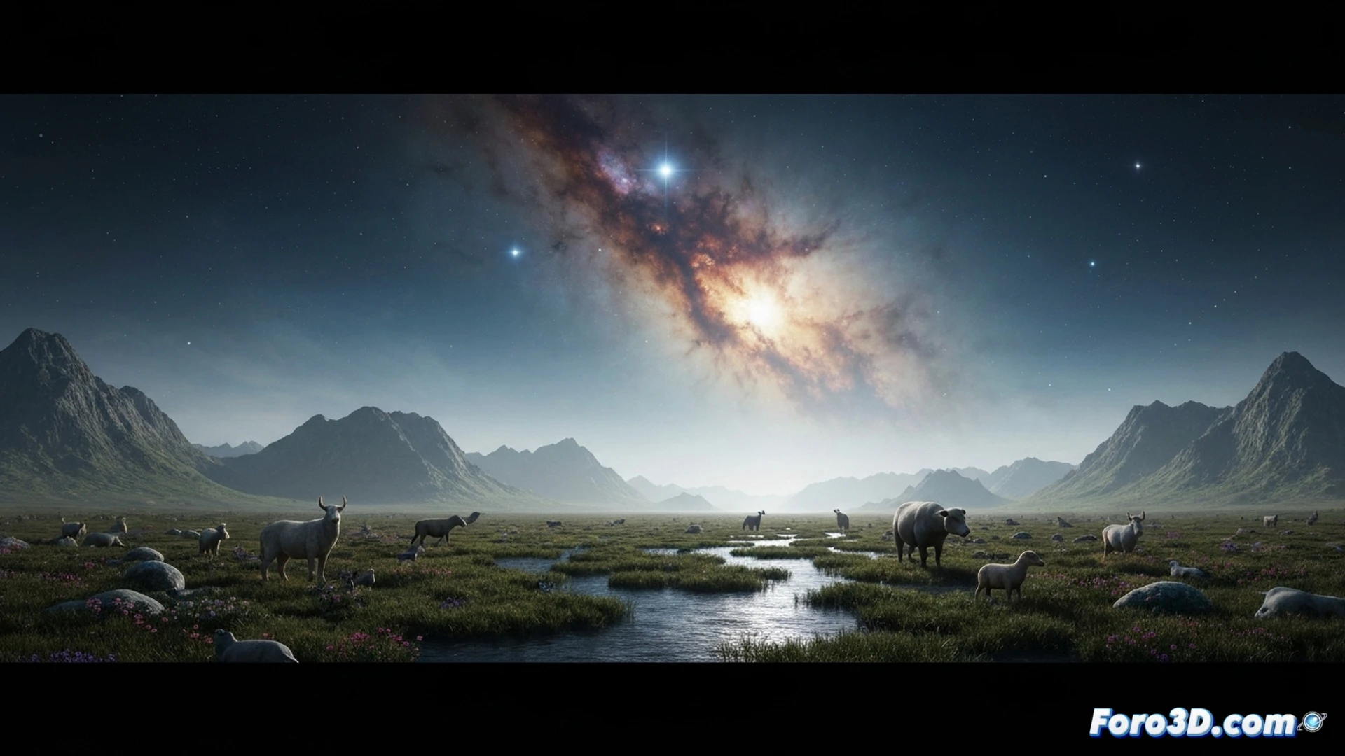 cinematic wide shot of a devastated forest at twilight, glowing aurora-like radiation clouds in the sky, a deer with visible tumorous growths on its antlers standing near a cracked tree trunk, small plants with twisted glowing leaves sprouting from radioactive soil, a dead bird lying with deformed wings, faint blue ionizing radiation haze in the air, photorealistic post-apocalyptic nature scene, dramatic chiaroscuro lighting, ultra-detailed organic textures, high-contrast shadows, hyper-realistic fur and bark detail, surreal evolutionary horror atmosphere