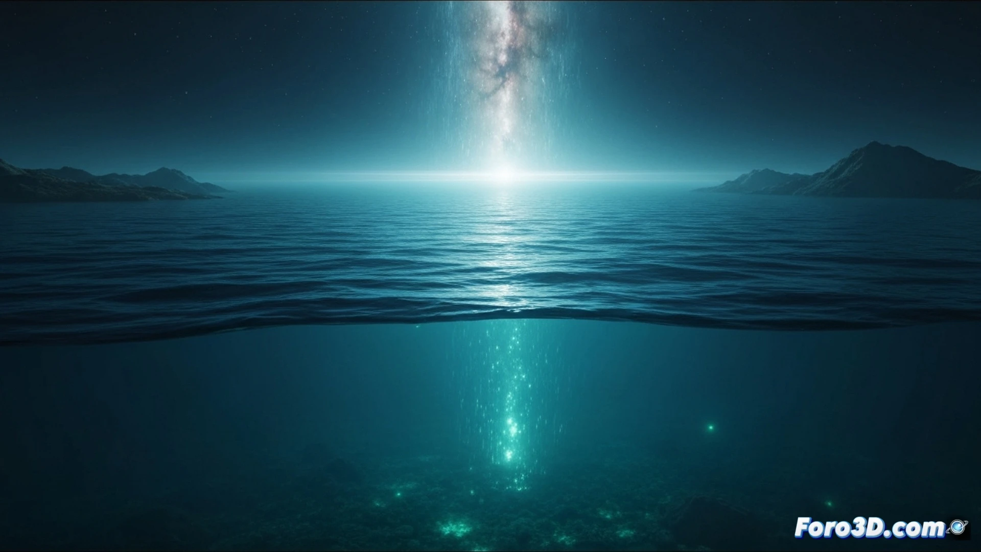 deep ocean trench scene during a supernova event, bioluminescent jellyfish and anglerfish reacting to sudden intense ultraviolet radiation penetrating the water column, radiation particles shown as glowing streaks filtering down from the surface, fish distress signals flashing erratically while mating bioluminescent patterns fade, deep-sea submersible with sensor arrays measuring light intensity spikes, scientific monitoring equipment on the seafloor detecting gamma rays, cinematic photorealistic underwater visualization, dramatic blue-black abyssal lighting, suspended sediment particles catching the radiation glow, hyper-detailed marine biology and oceanographic instruments, ultra-realistic deep sea environment