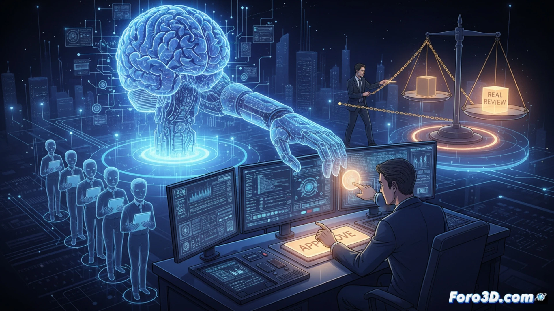professional workstation showing a human supervisor pressing a large red override button while an AI interface displays a completed automated decision, holographic process flow diagram showing a bypassed human review step highlighted in red, monitor screens showing system logs with unchecked approval timestamps, keyboard with worn keys, technical illustration style, cold blue and orange lighting, realistic engineering visualization, detailed hardware components, office environment with server racks in background, action of human intervention being ignored by system