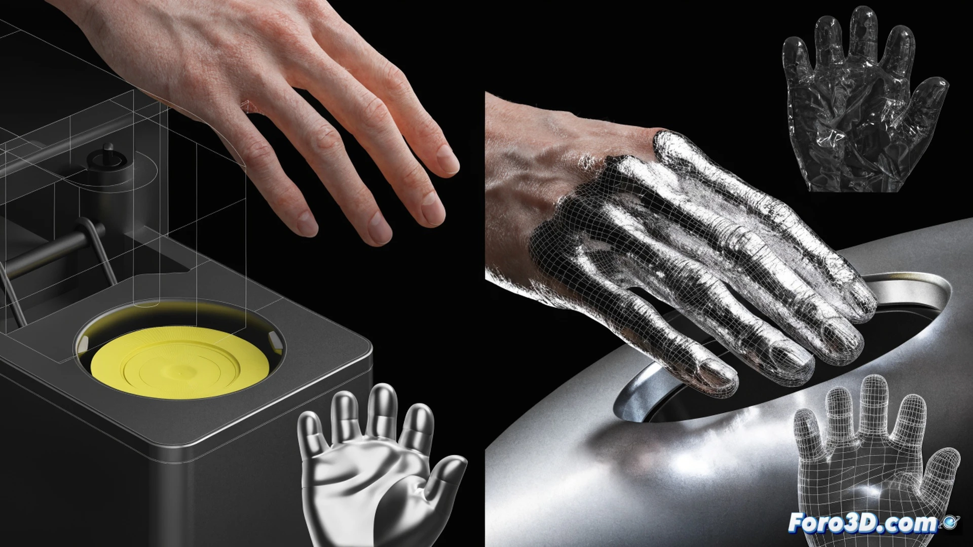 Close-up of a translucent elastomer palm replica being pressed against an optical scanner, a technician’s gloved hand holding the flexible mold while a reflective coating glints under harsh laboratory light, 3D mesh wireframe of the hand displayed on a nearby monitor showing Blender and MeshMixer interfaces, captured action of the fake palm successfully unlocking a biometric door lock, cinematic engineering visualization, photorealistic technical illustration, metallic and silicone textures, dramatic side lighting, precise mechanical details