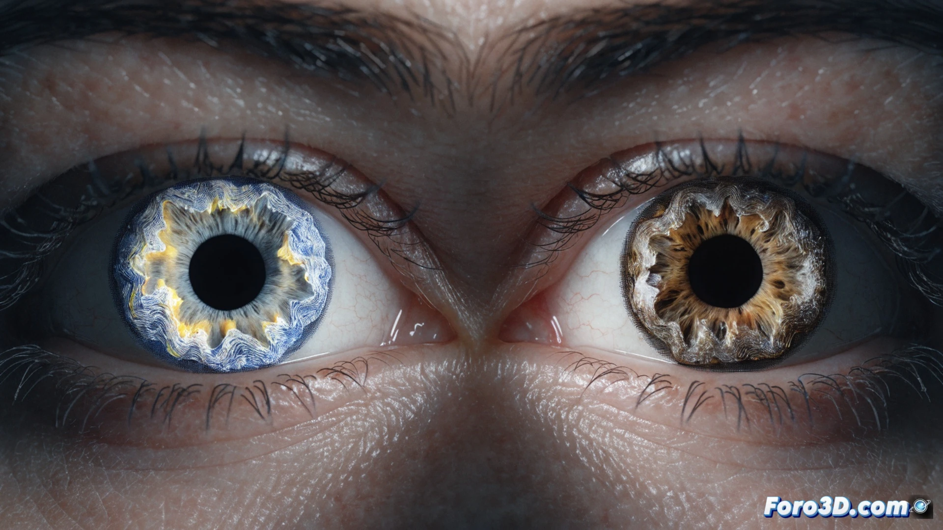 Photorealistic technical illustration of a biometric iris lock being bypassed, a human eye wearing a 3D-printed contact lens with microscopic relief patterns, high-definition camera rig capturing iris texture for modeling, laptop screen showing 3D modeling software with iris mesh, additive manufacturing machine producing the lens, cyberpunk laboratory setting with blue and red ambient lighting, extreme close-up on the lens surface revealing layered ridges, security system display showing access granted, cinematic engineering visualization, ultra-detailed textures, dramatic shadows highlighting the deception