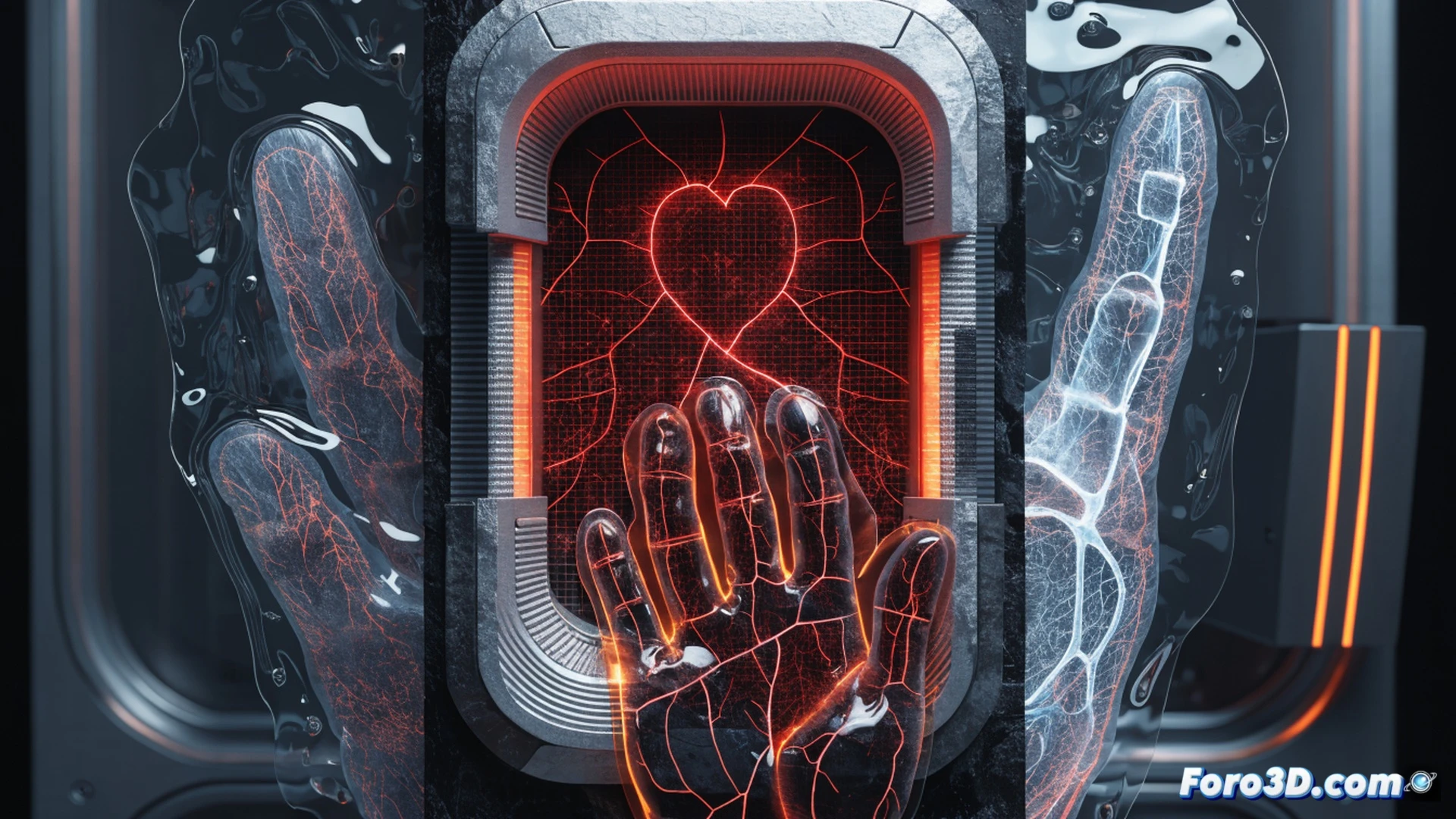 biometric hand vein scanner being bypassed, transparent flexible gel hand replica pressed against sensor surface, high-resolution camera on tripod capturing reference hand anatomy, laptop screen showing 3D vein mapping software with wireframe overlay, red laser scanning grid projecting onto the fake hand, conductive gel veins glowing faintly under infrared light, security lock mechanism clicking open in background, technical engineering visualization, photorealistic render, dramatic low-key lighting, cold metallic surfaces, precise laboratory setup, forensic evidence markers, sterile white environment, ultra-detailed textures